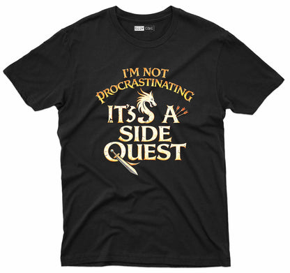 Funny side quest graphic tee with fantasy inspired text and sword artwork