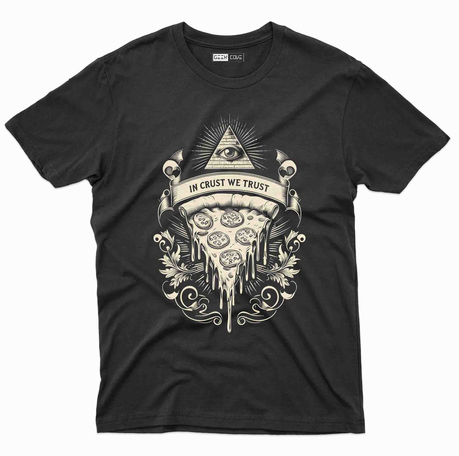 black t shirt with pizza slice design and all-seeing eye banner that says In Crust We Trust
