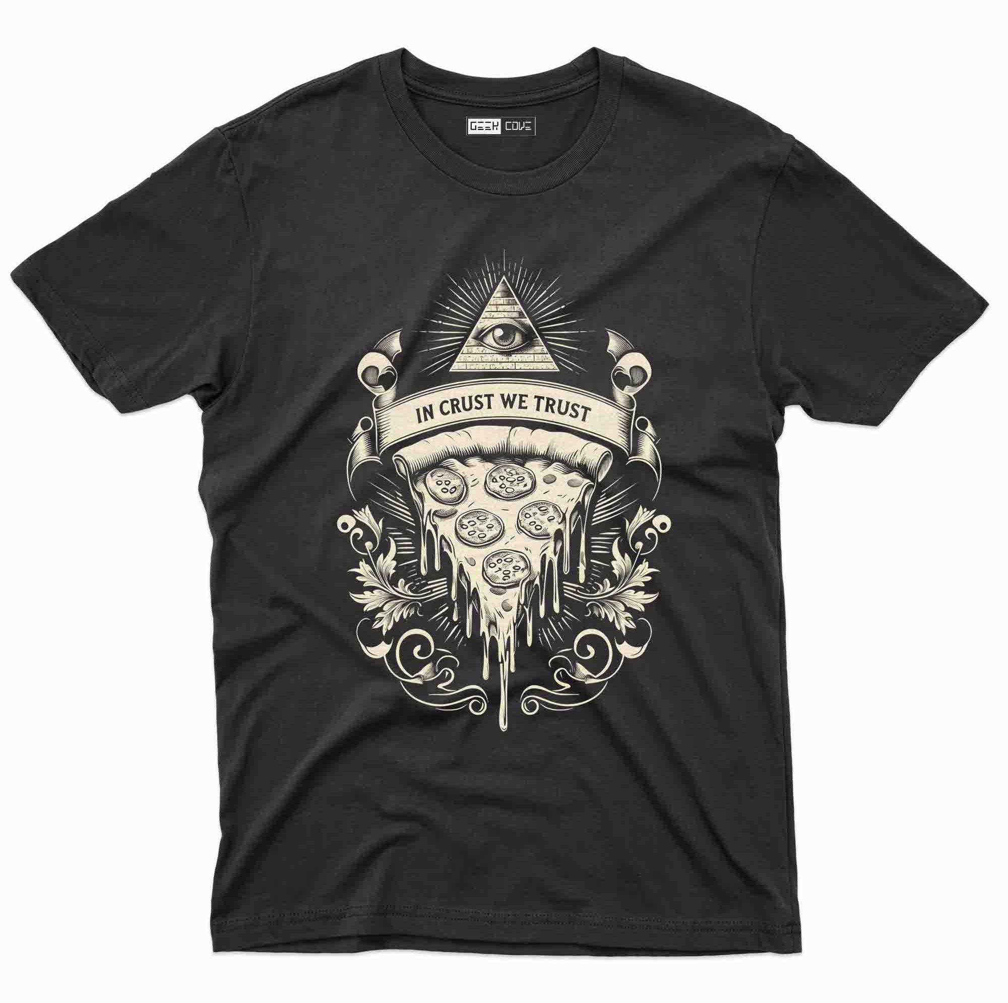 black t shirt with pizza slice design and all-seeing eye banner that says In Crust We Trust