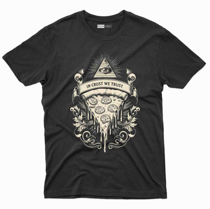 black t shirt with pizza slice design and all-seeing eye banner that says In Crust We Trust