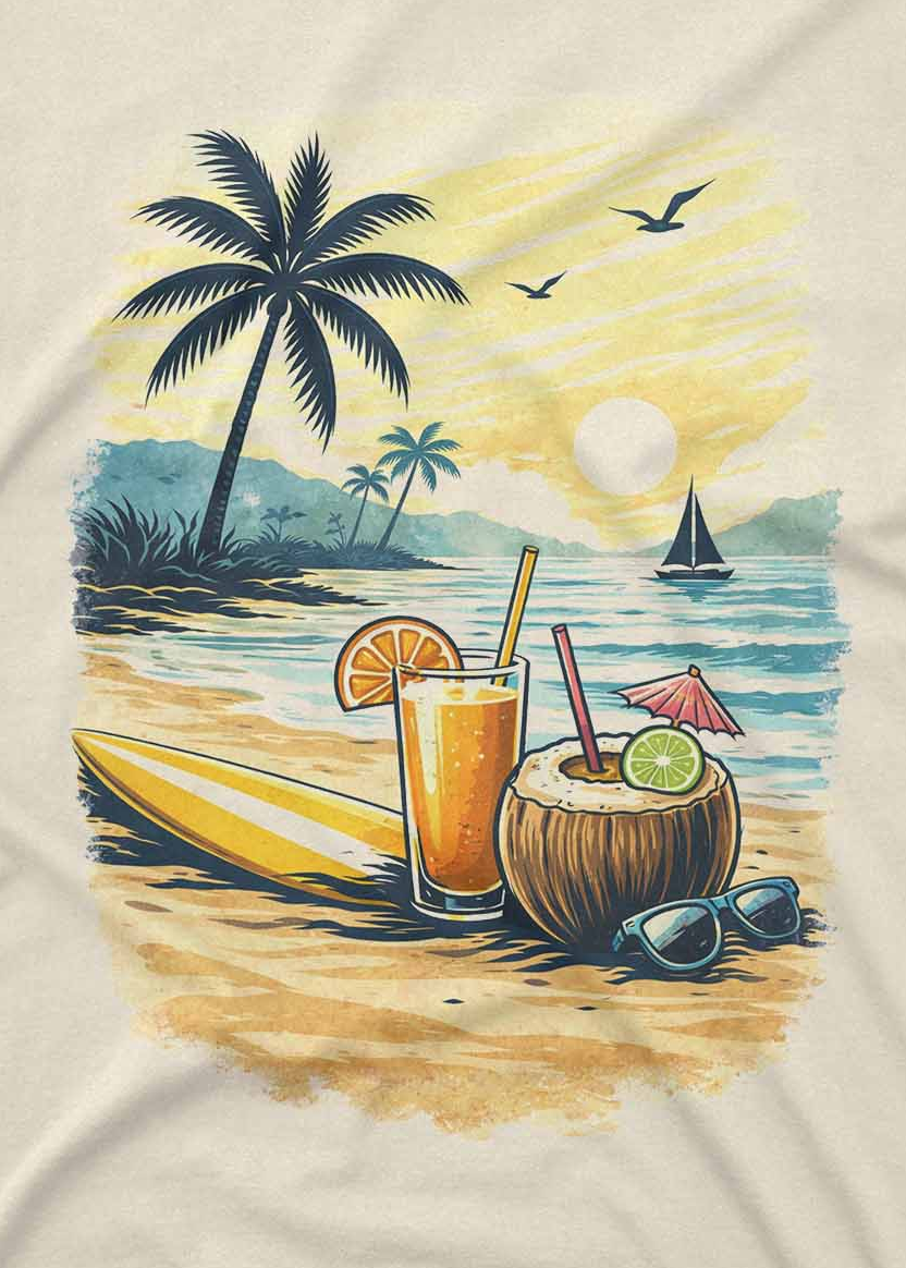 Custom t shirt with coastal sunset illustration and vintage summer vibes