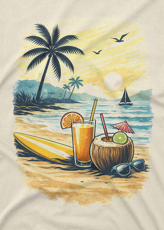 Custom t shirt with coastal sunset illustration and vintage summer vibes