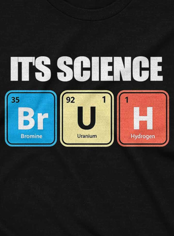 Funny science t-shirt with geeky design using periodic elements to spell “BRUH”.