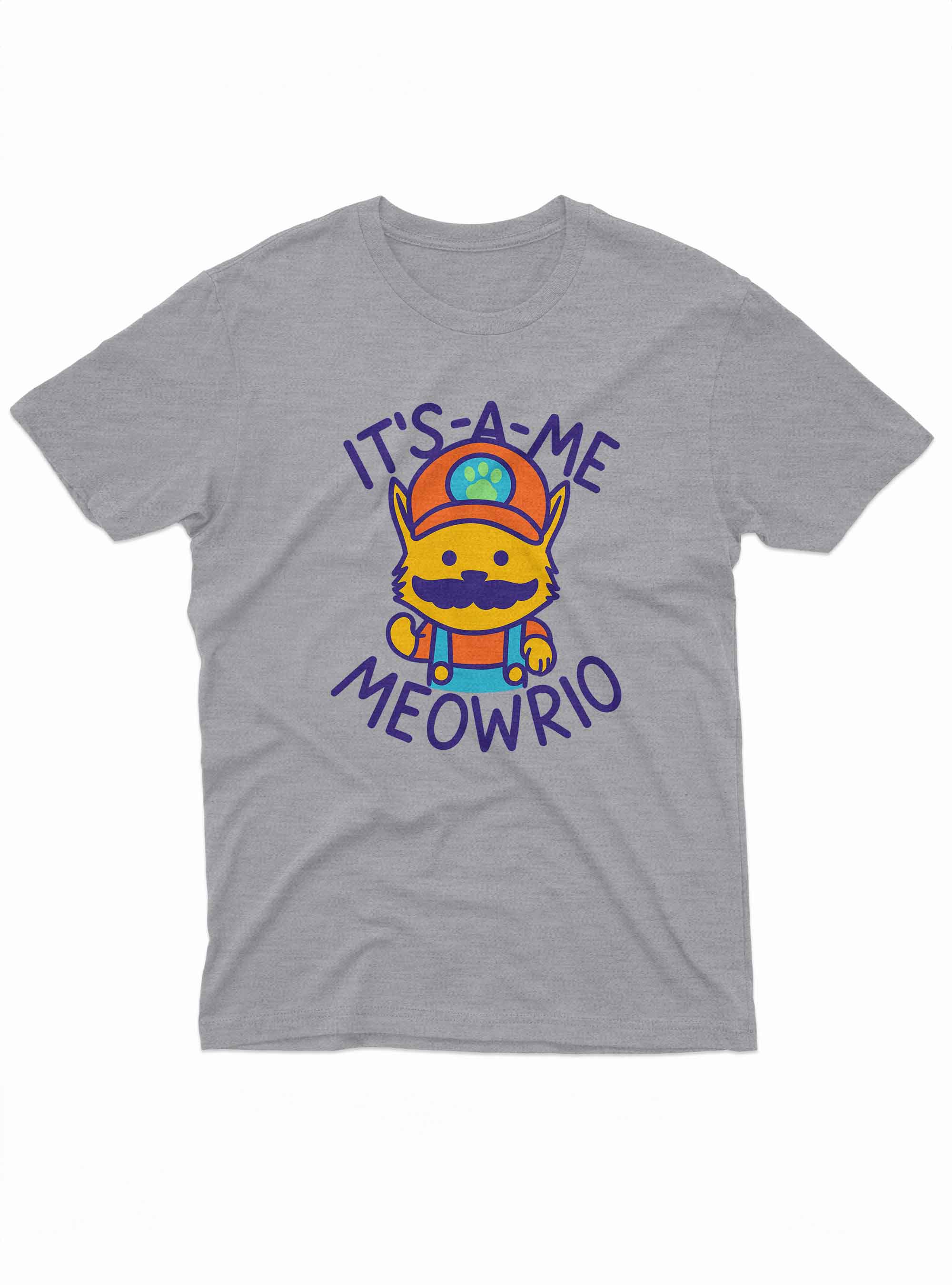 A grey T-shirt featuring a cartoon orange cat dressed like a retro video game plumber, complete with overalls and a mustache.