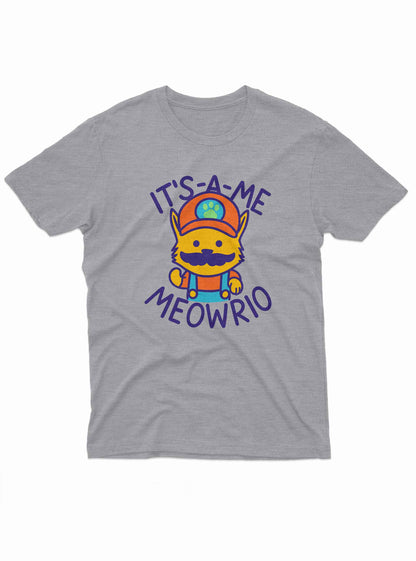 A grey T-shirt featuring a cartoon orange cat dressed like a retro video game plumber, complete with overalls and a mustache.