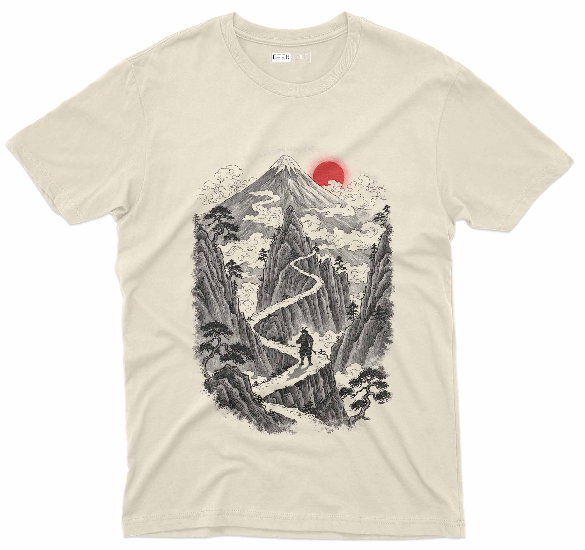 Japanese mountain graphic tee with winding path and lone traveler