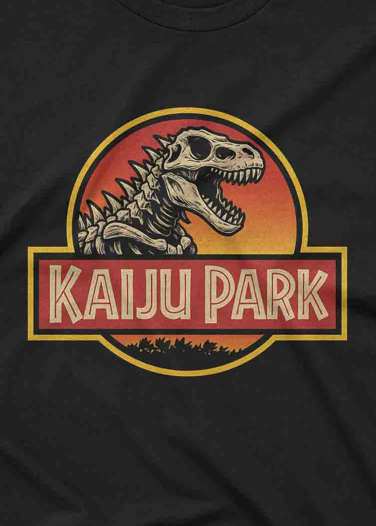 kaiju park graphic tee featuring a godzilla style skeleton in a vintage park logo design
