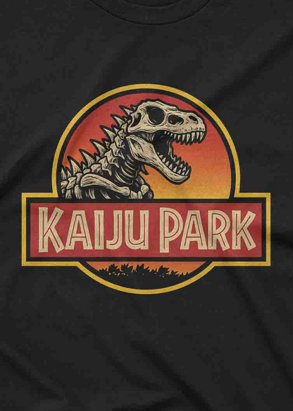 Kaiju Park graphic tee featuring a Godzilla style skeleton in a vintage park logo design