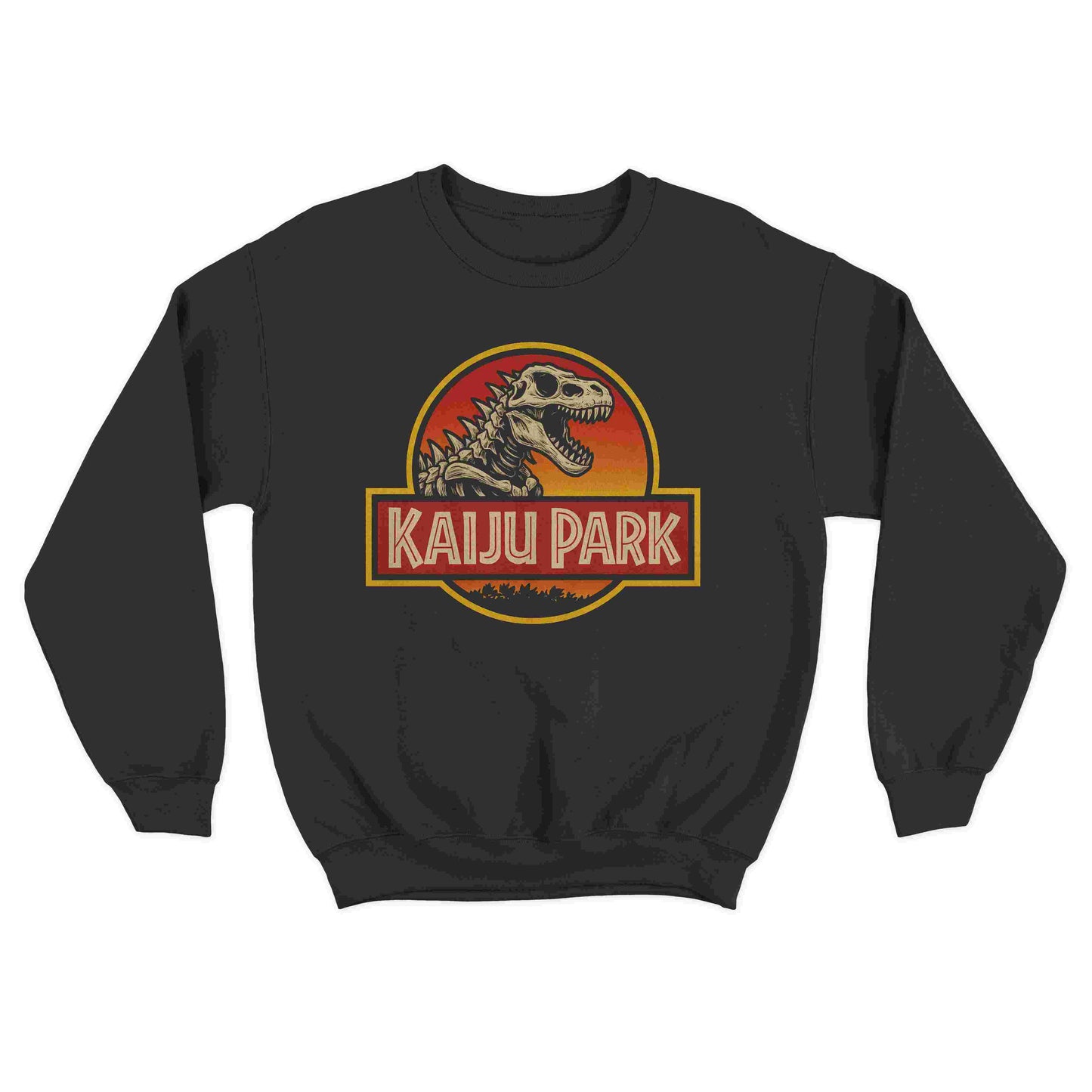 vintage kaiju park sweater featuring a godzilla inspired skeleton graphic