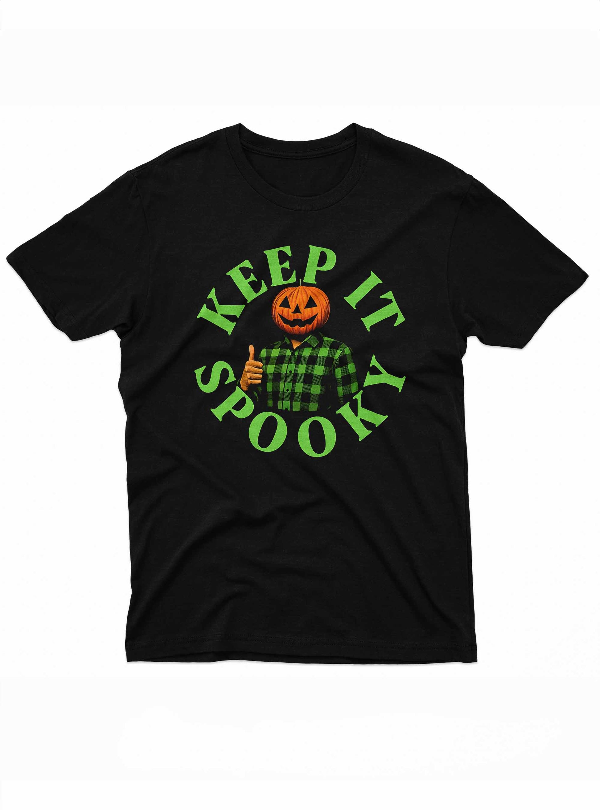 Keep It Spooky” T-shirt featuring a smiling Jack O’Lantern pumpkin head wearing a green plaid shirt with a thumbs-up pose on a black background