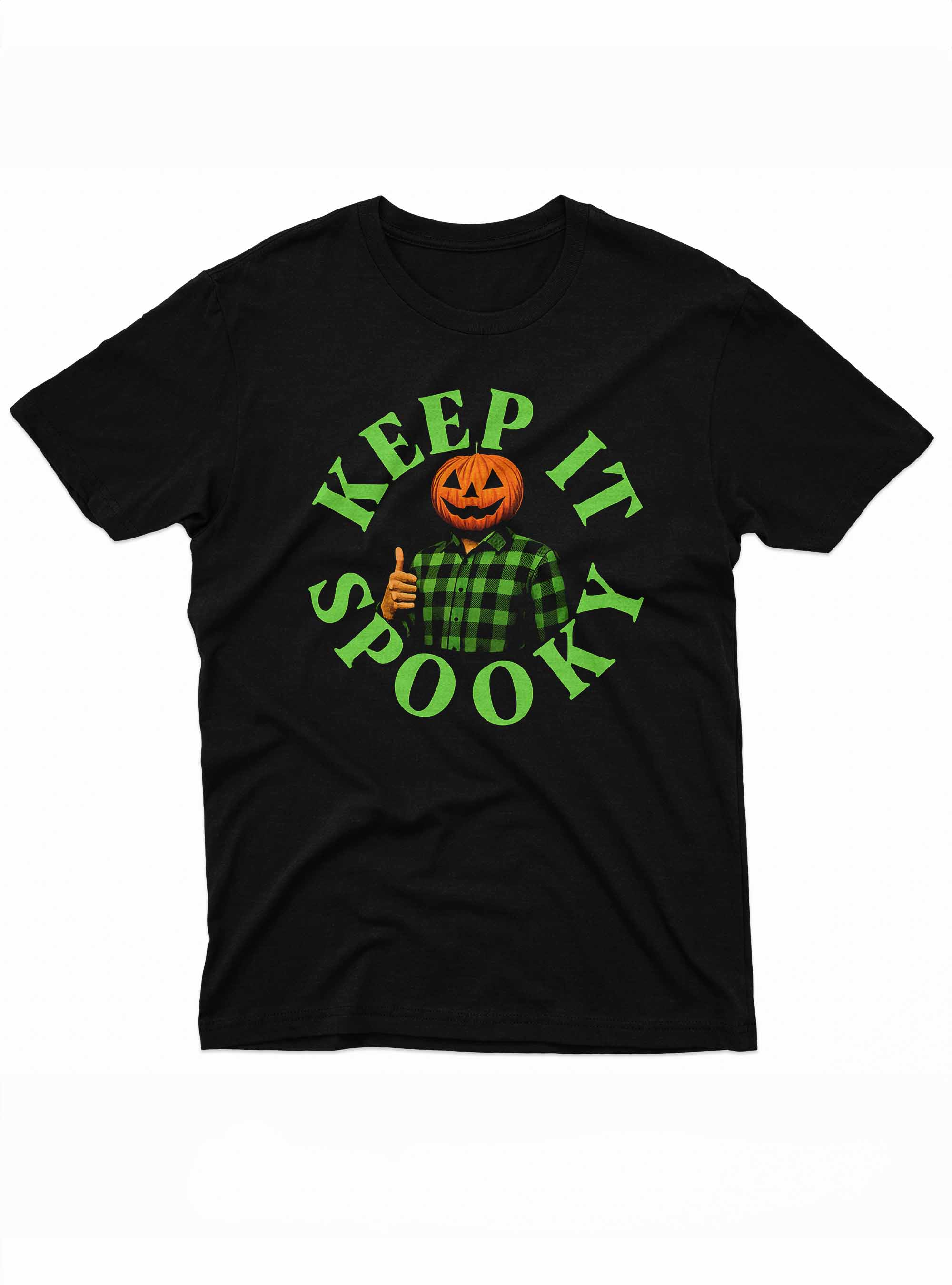 Keep It Spooky” T-shirt featuring a smiling Jack O’Lantern pumpkin head wearing a green plaid shirt with a thumbs-up pose on a black background