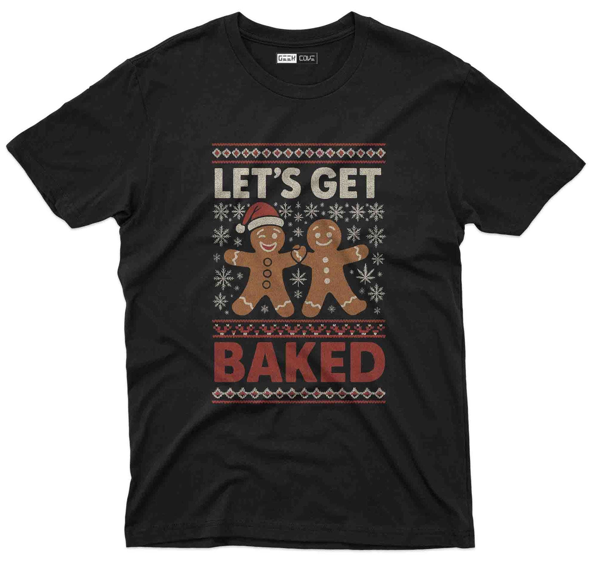 Funny Let’s Get Baked Christmas graphic tee with gingerbread characters