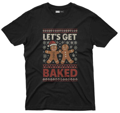Funny Let’s Get Baked Christmas graphic tee with gingerbread characters