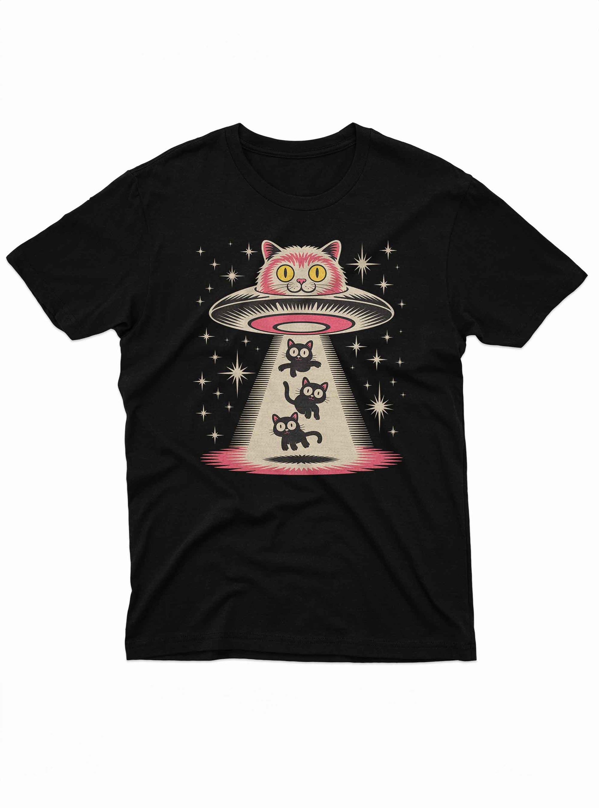 Whimsical illustration of a UFO shaped like a giant cat head abducting three black cats, printed on a black T-shirt.