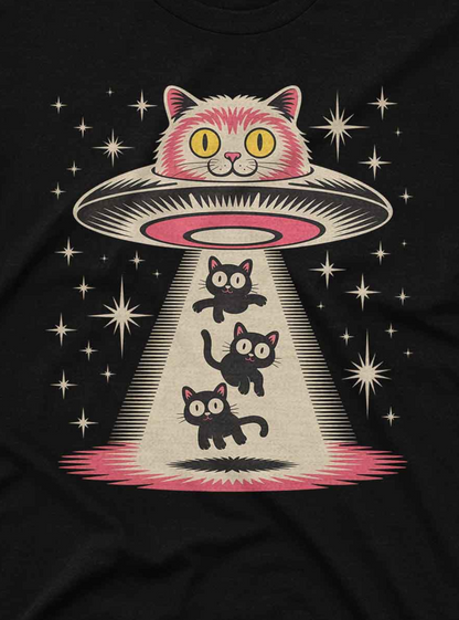Stylized retro artwork shows a smiling cat-faced flying saucer abducting cats with a spotlight, all against a star-filled space backdrop.
