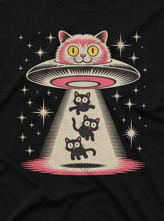 Stylized retro artwork shows a smiling cat-faced flying saucer abducting cats with a spotlight, all against a star-filled space backdrop.