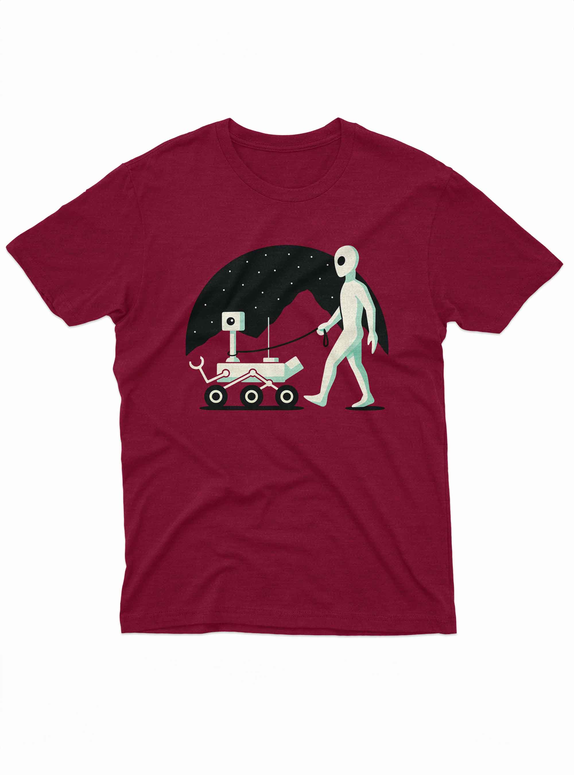 Humorous space-themed artwork with a simple alien figure and Mars rover companion.