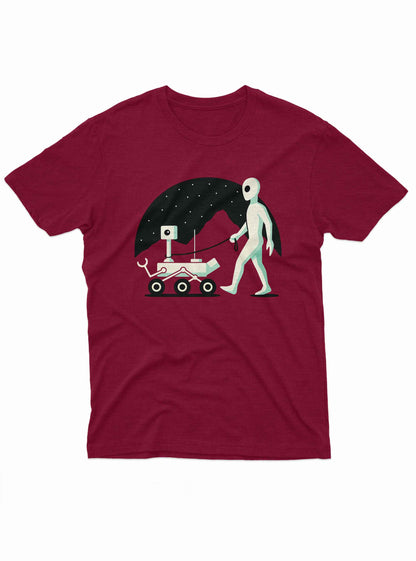 Humorous space-themed artwork with a simple alien figure and Mars rover companion.