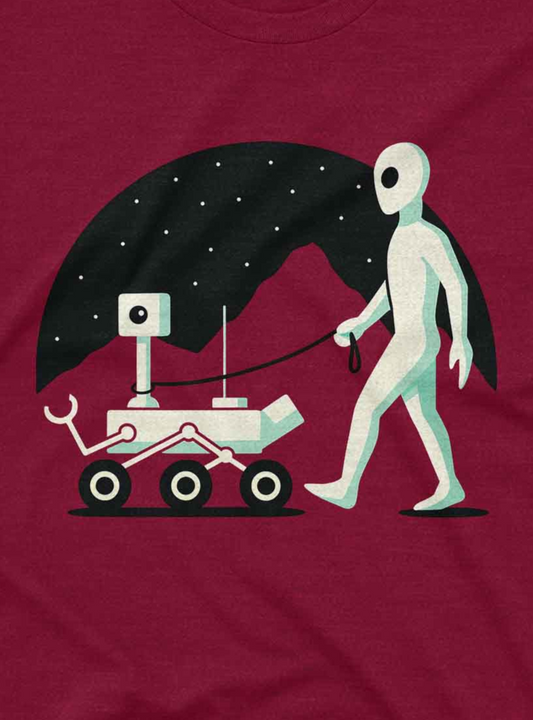 A minimalist sci-fi design showing an alien casually walking a four-wheeled robot under the stars.