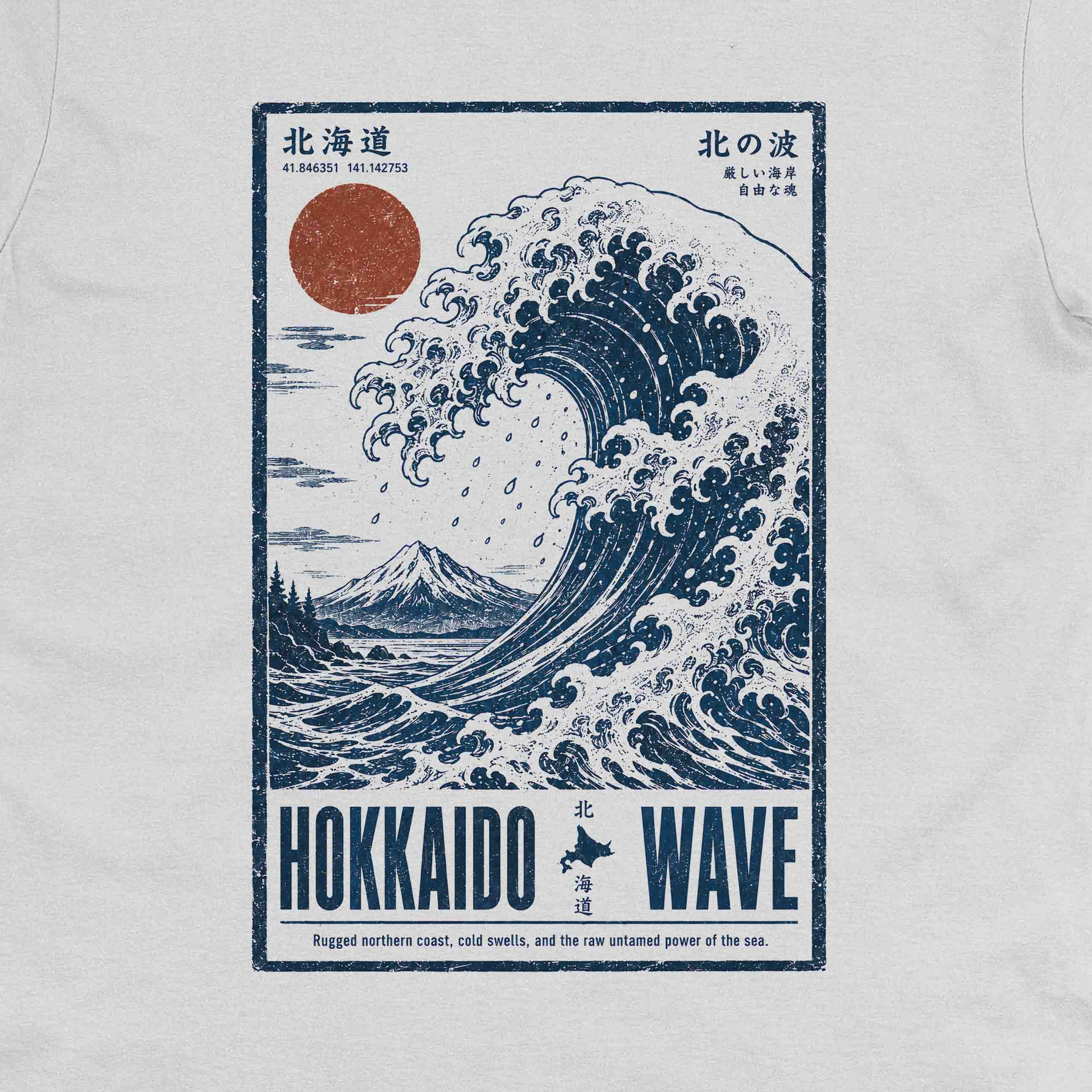Hokkaido Wave Japanese ocean wave artwork close-up for white crew neck tee