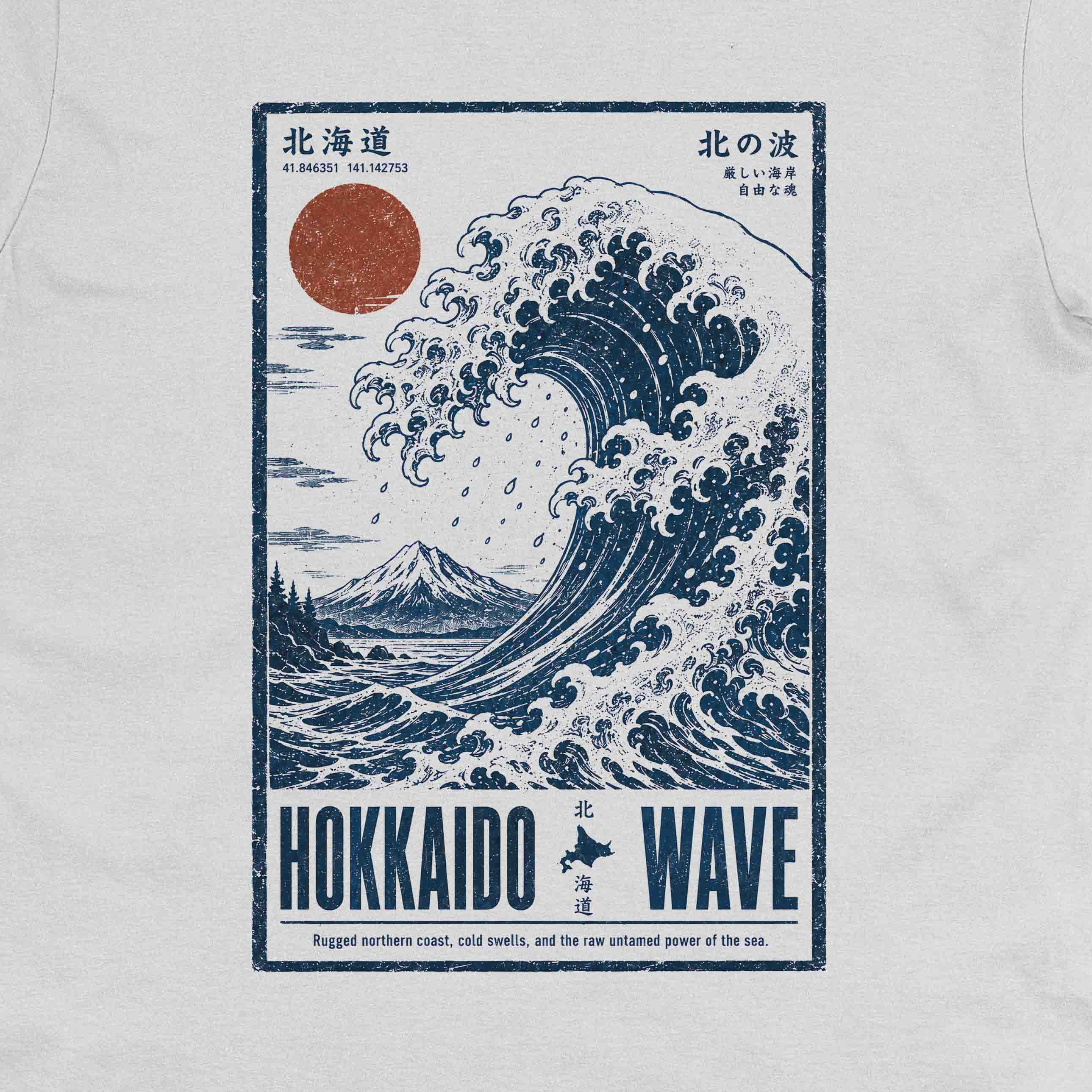 Hokkaido Wave Japanese ocean wave artwork close-up for white crew neck tee