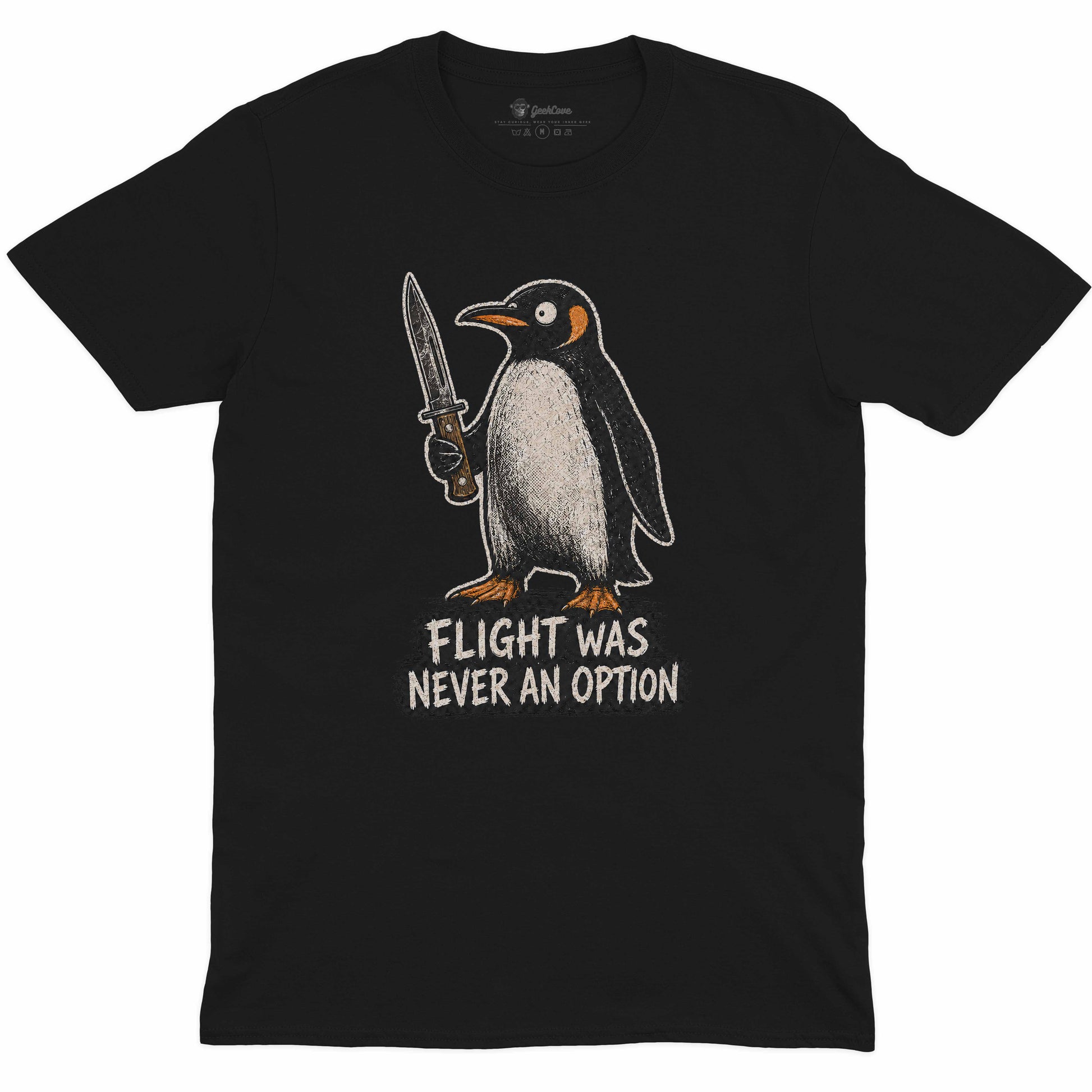Flight Was Never An Option crew neck tee in black with funny penguin graphic artwork