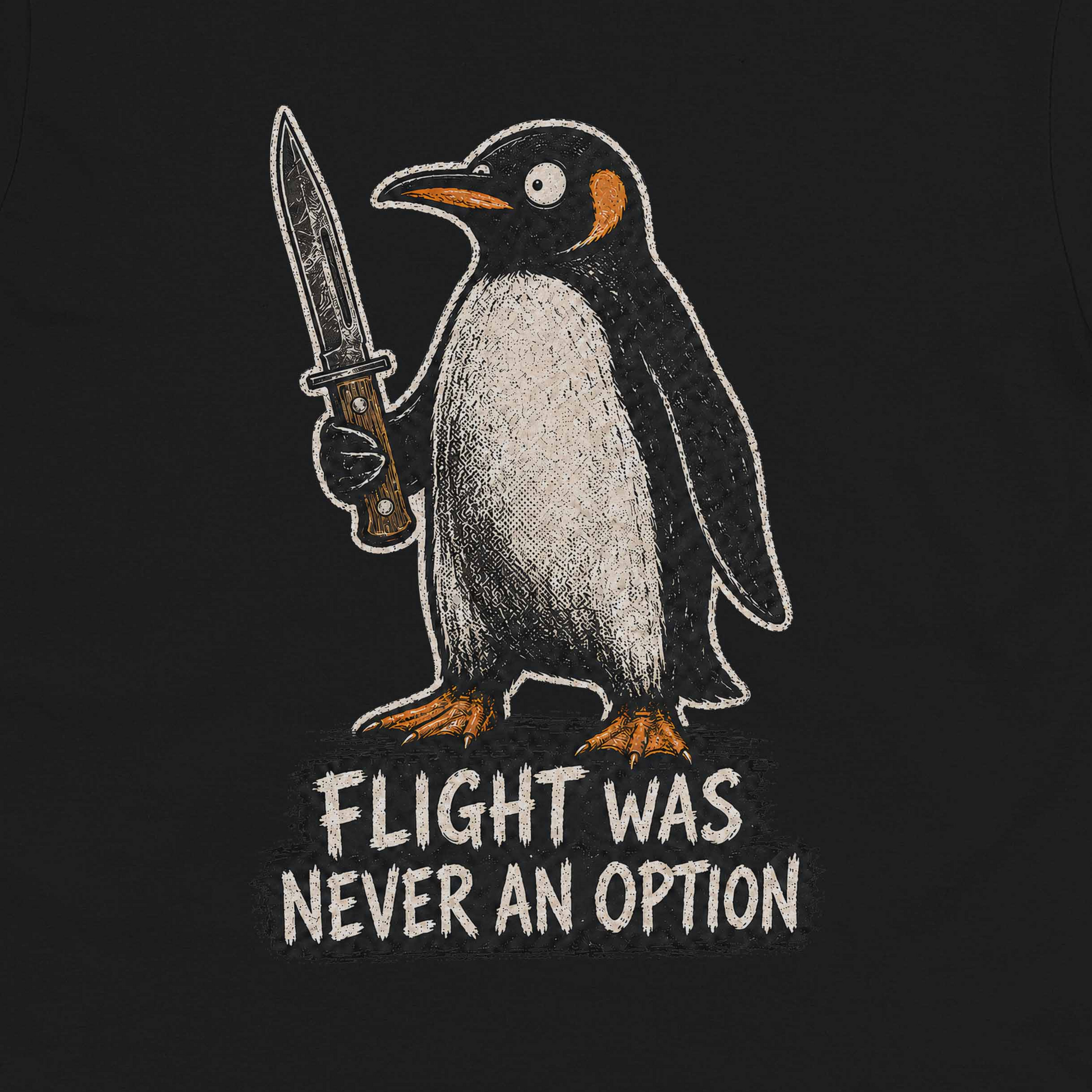Flight Was Never An Option funny penguin artwork close-up for black crew neck tee