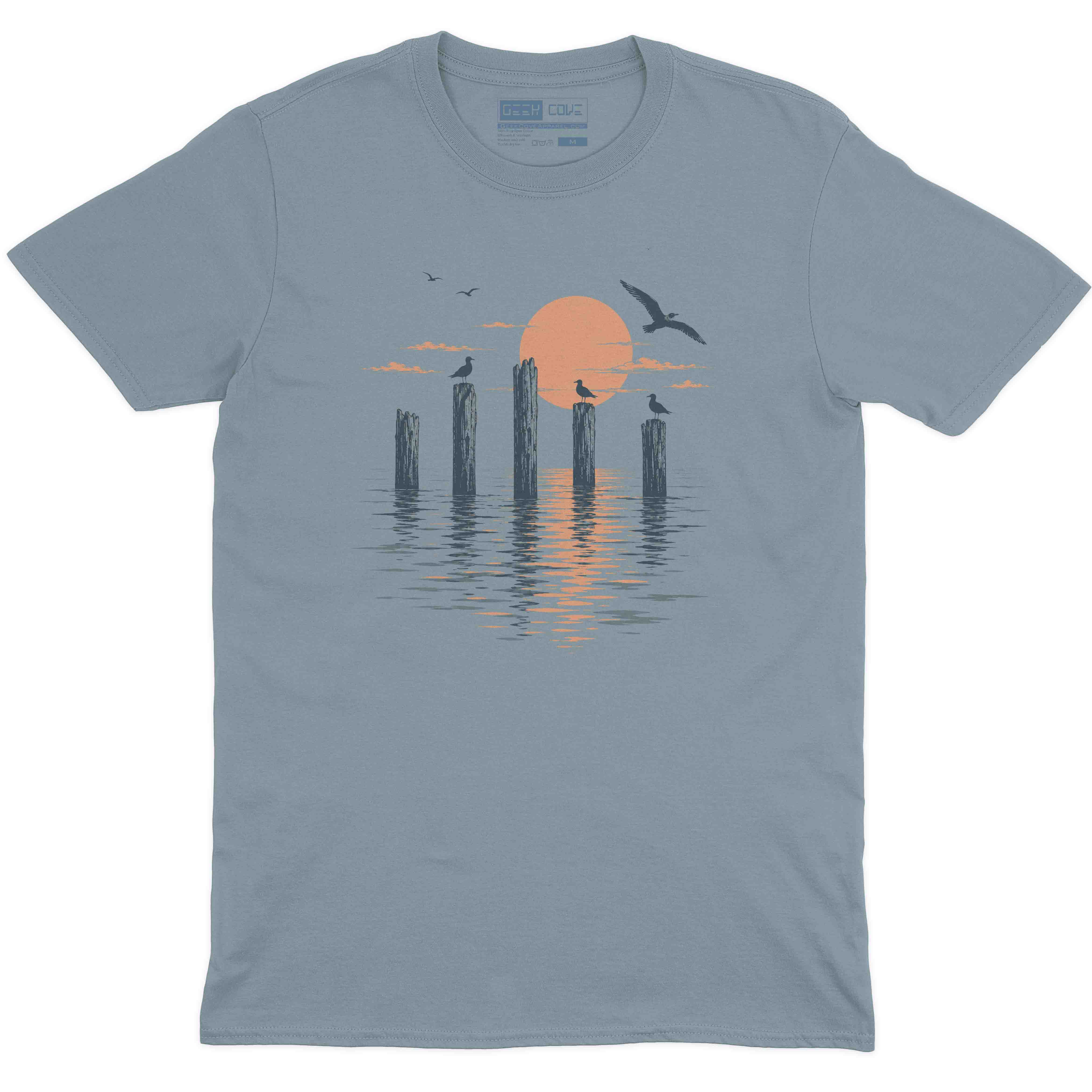 Men’s stone blue T shirt with beach pier sunset, seagulls, and ocean reflection graphic