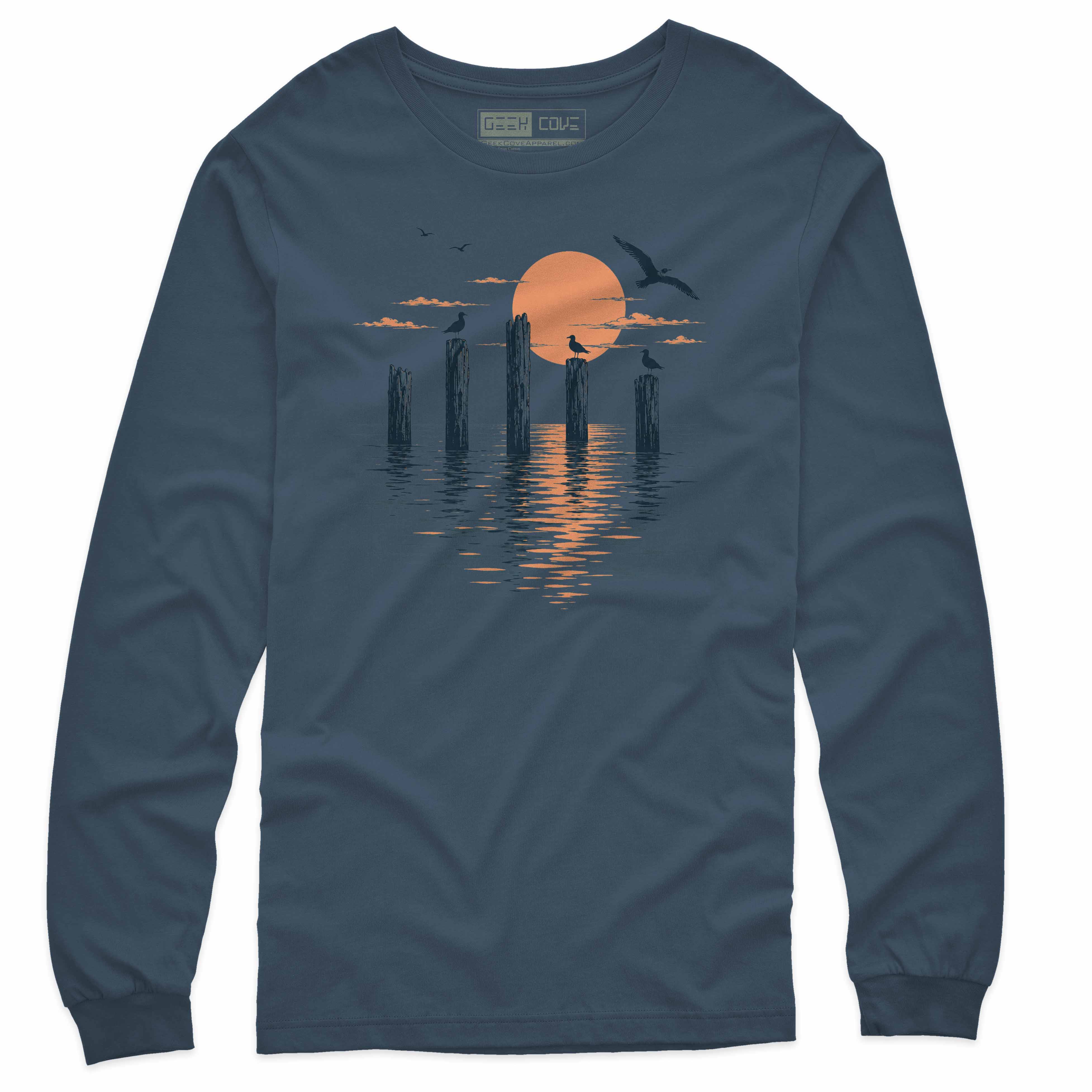 Men’s coastal graphic tee featuring birds perched on pilings with a warm sunset over calm water