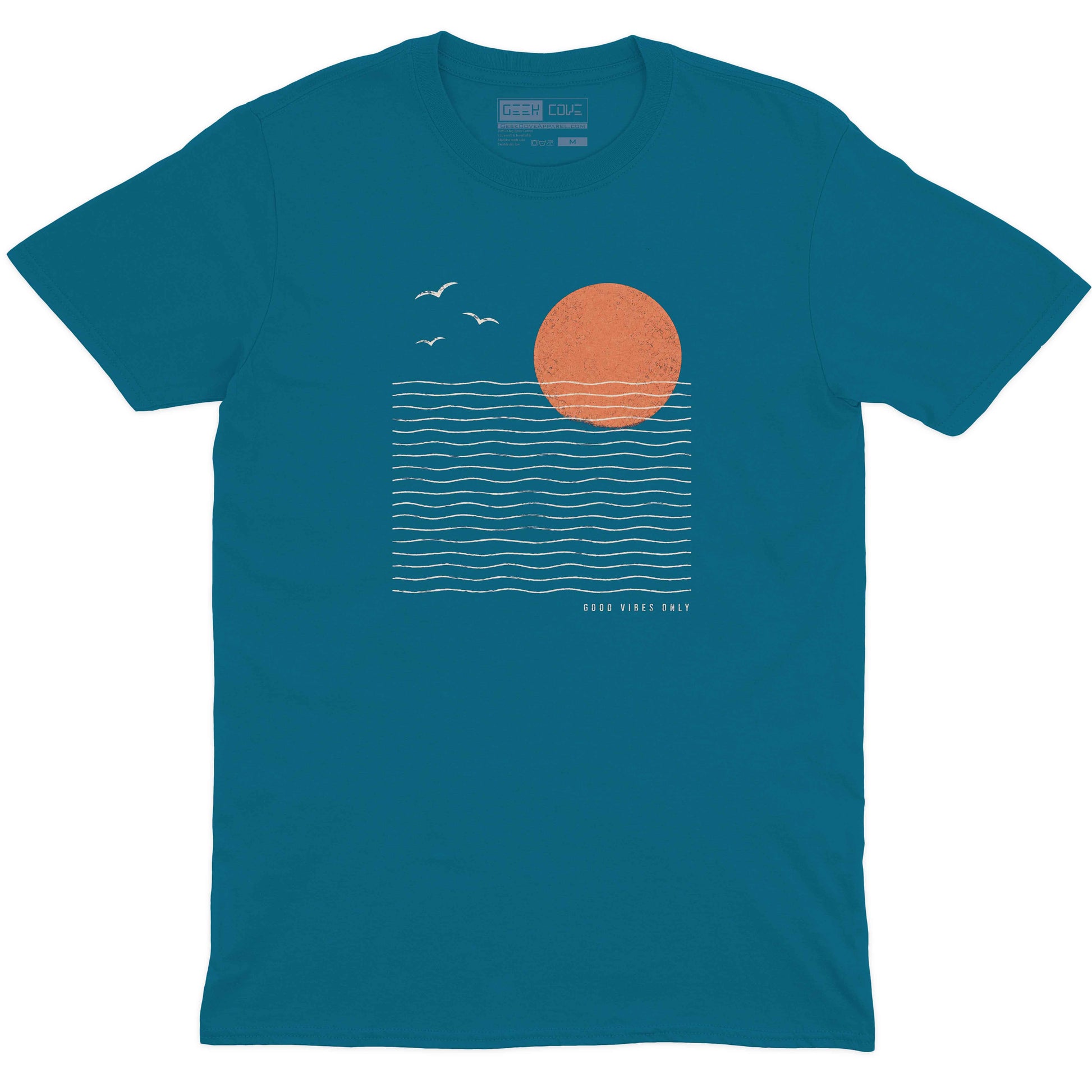 Men burgundy T shirt with Good Vibes Only sunset art, white ocean waves, and seagull details