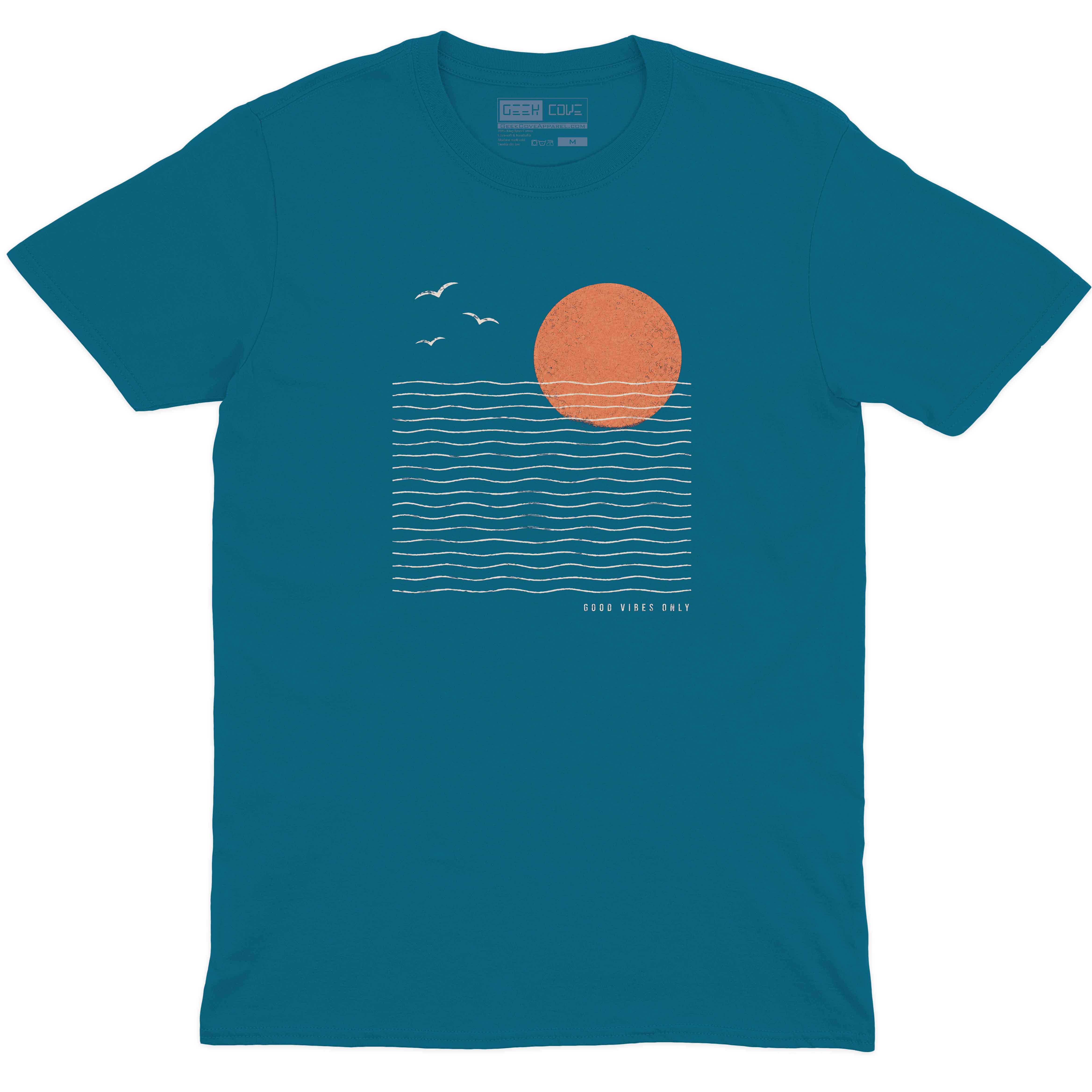 Men burgundy T shirt with Good Vibes Only sunset art, white ocean waves, and seagull details