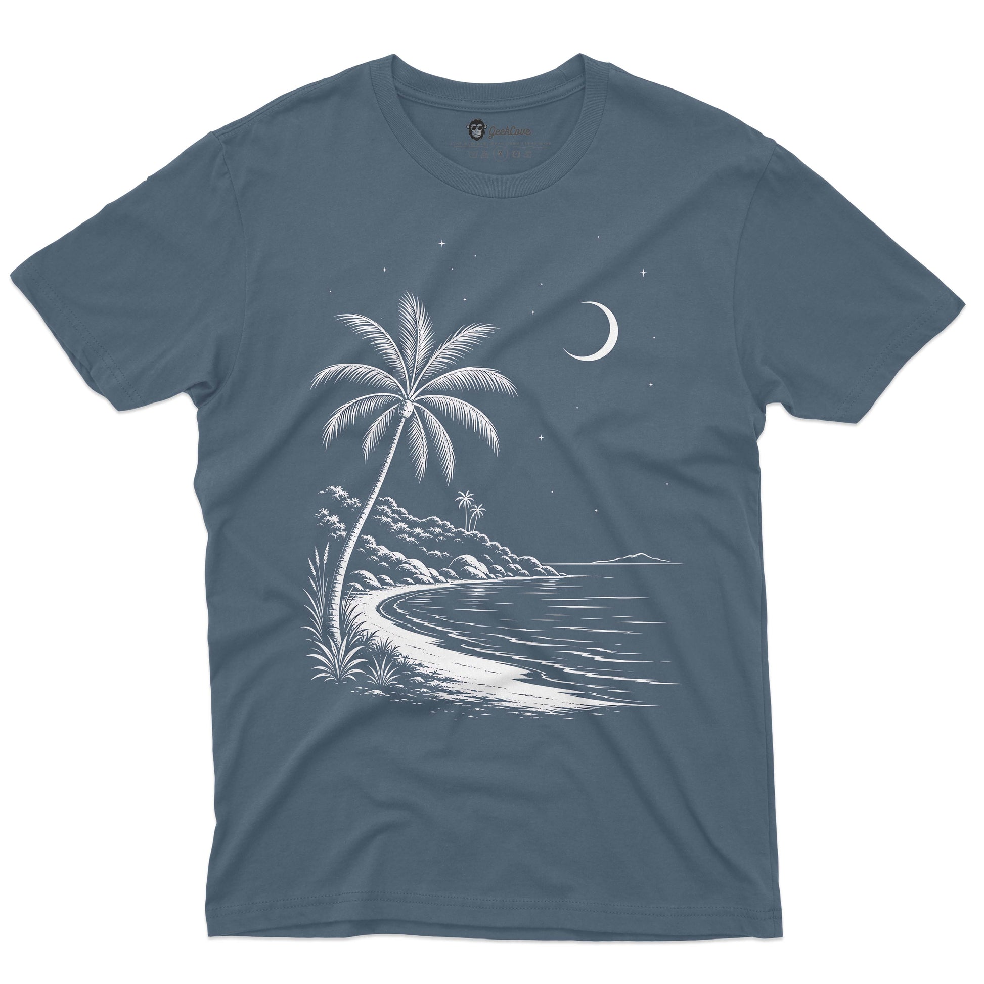 Moonlit Tropical Shore Men’s Crew Neck Tee GeekCove Apparel