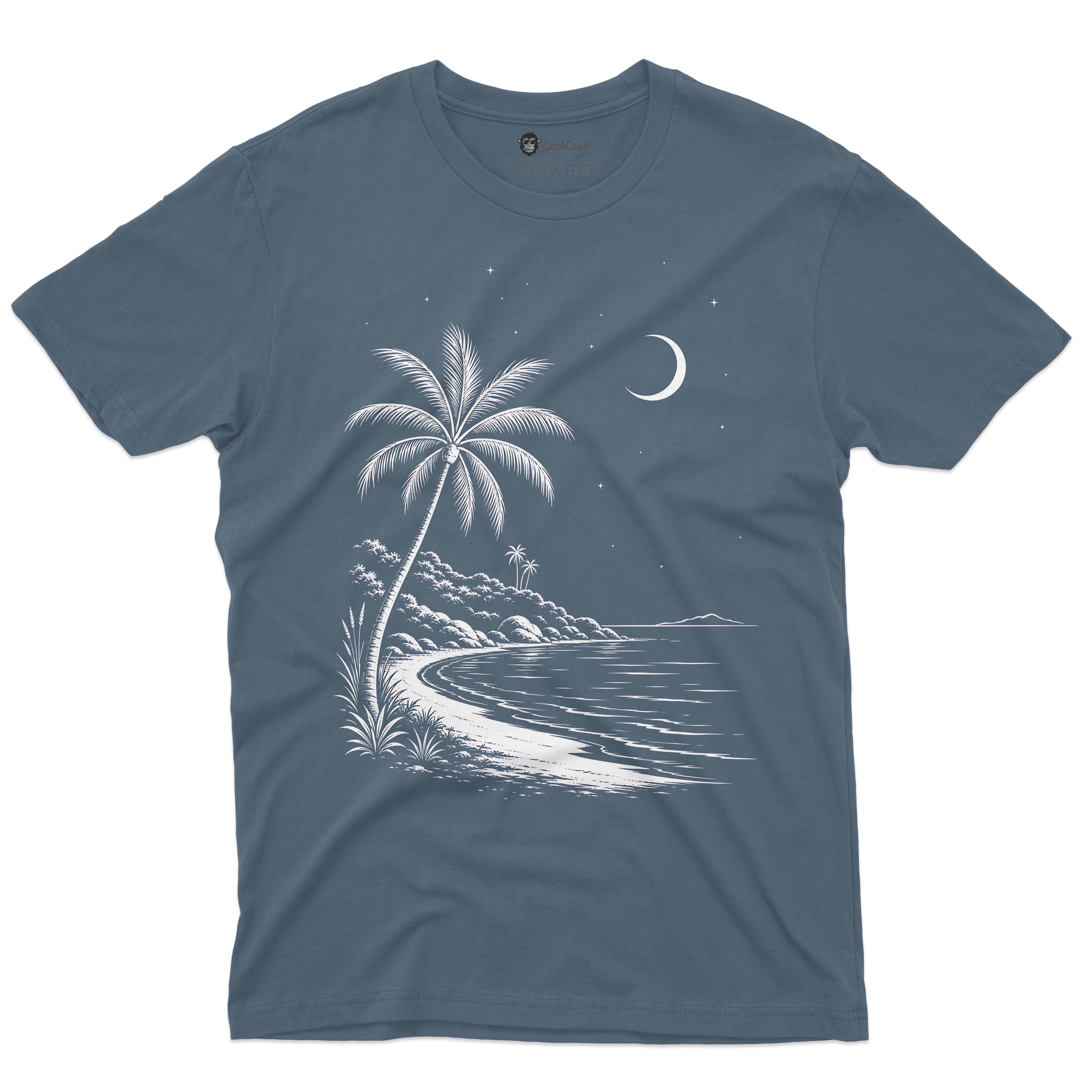 Moonlit Tropical Shore Men’s Crew Neck Tee GeekCove Apparel