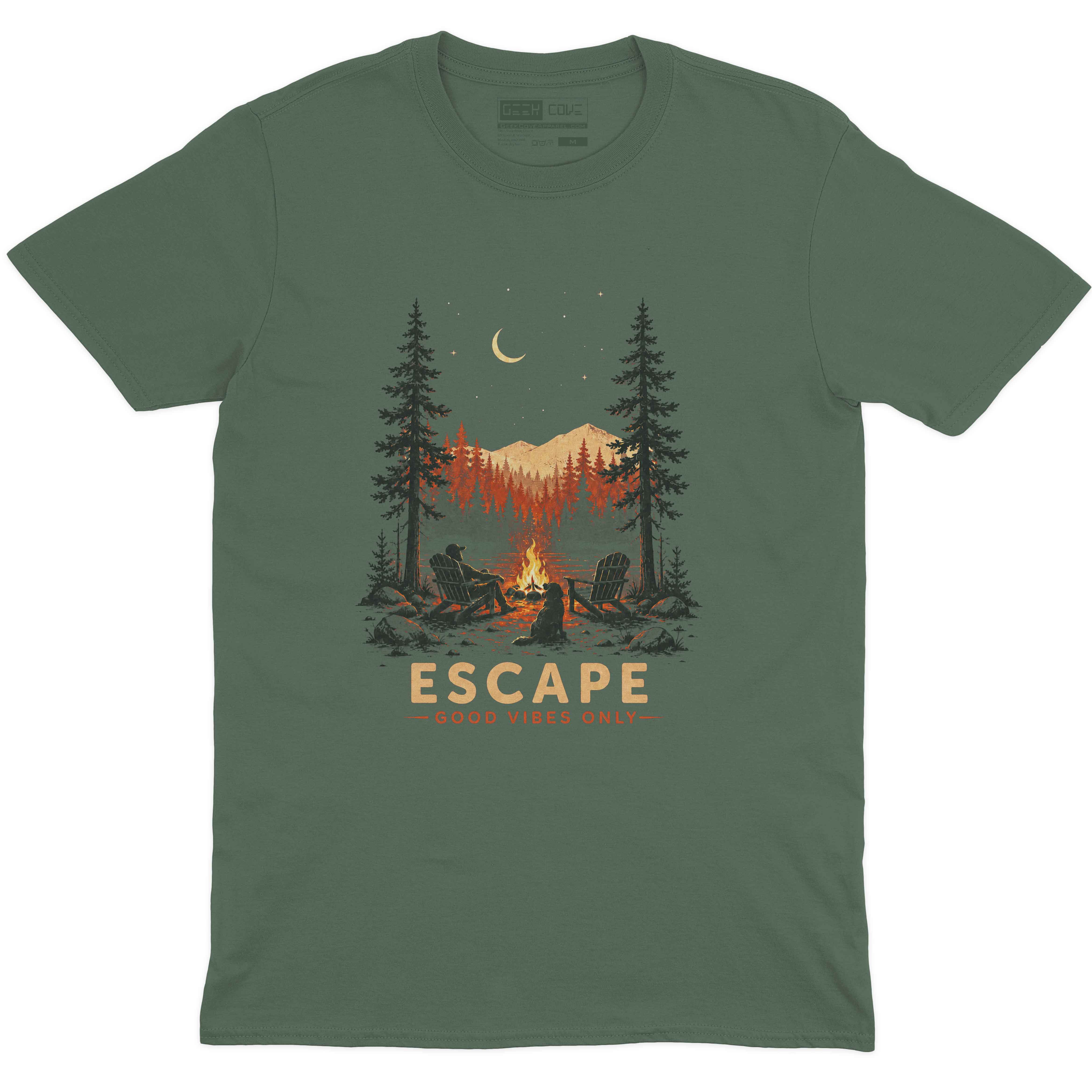 Maroon men’s graphic tee with outdoor camping artwork and vintage forest style