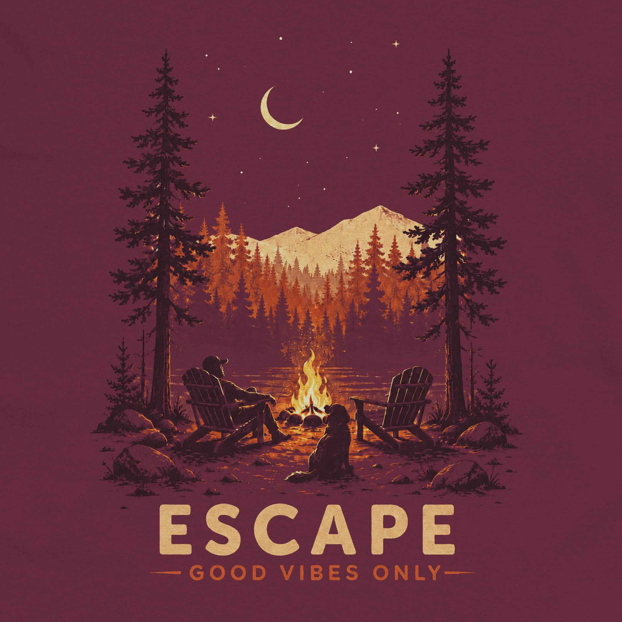 Vintage inspired men’s graphic tee with campfire, mountain landscape, and Escape typography
