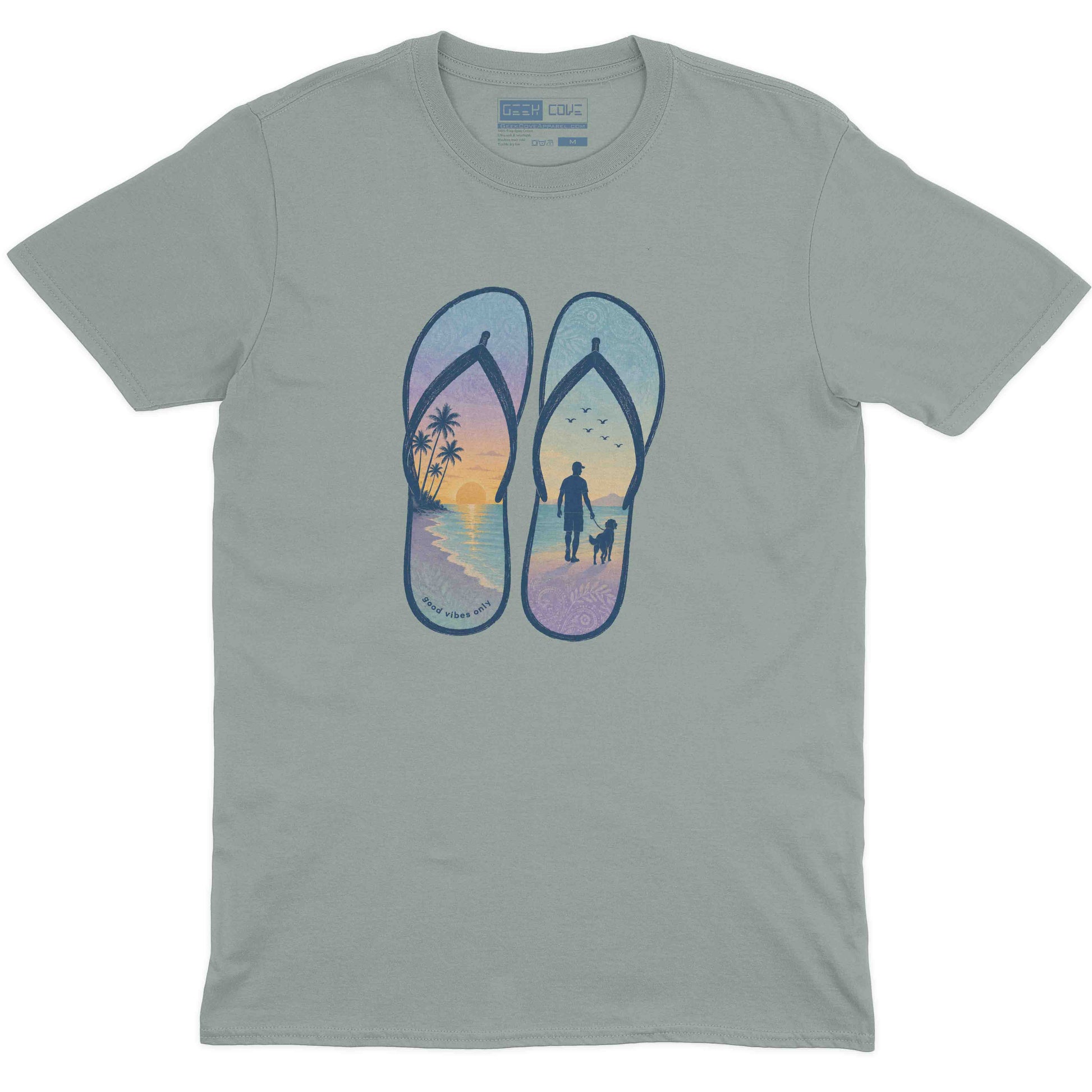 Men’s graphic T Shirt with flip flop artwork showing a tropical sunset beach and dog walk silhouette
