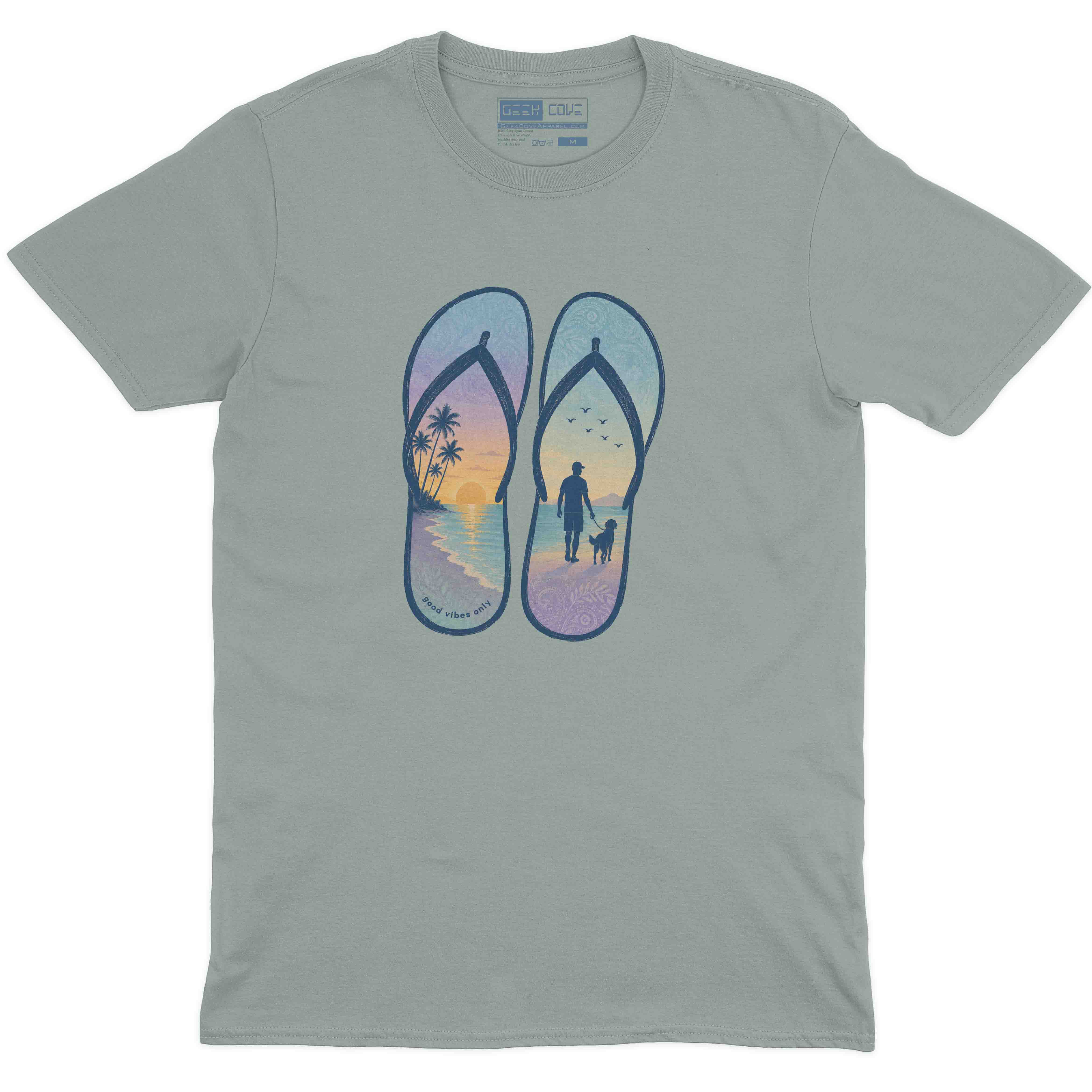 Men’s graphic T Shirt with flip flop artwork showing a tropical sunset beach and dog walk silhouette
