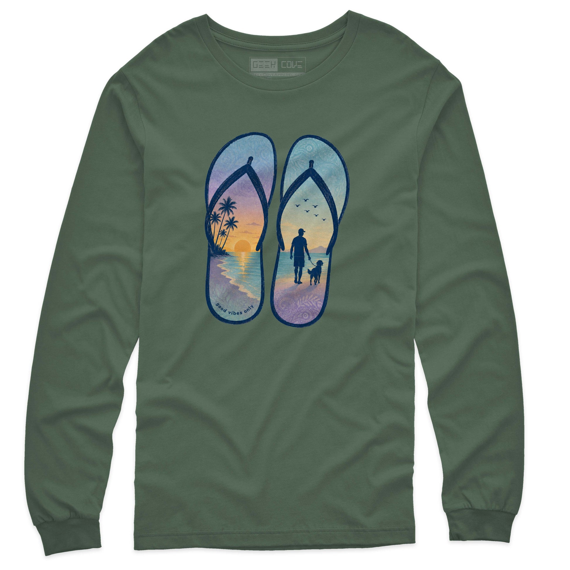 Men’s long sleeve T Shirt with flip flop artwork showing a beach sunset and dog walking silhouette