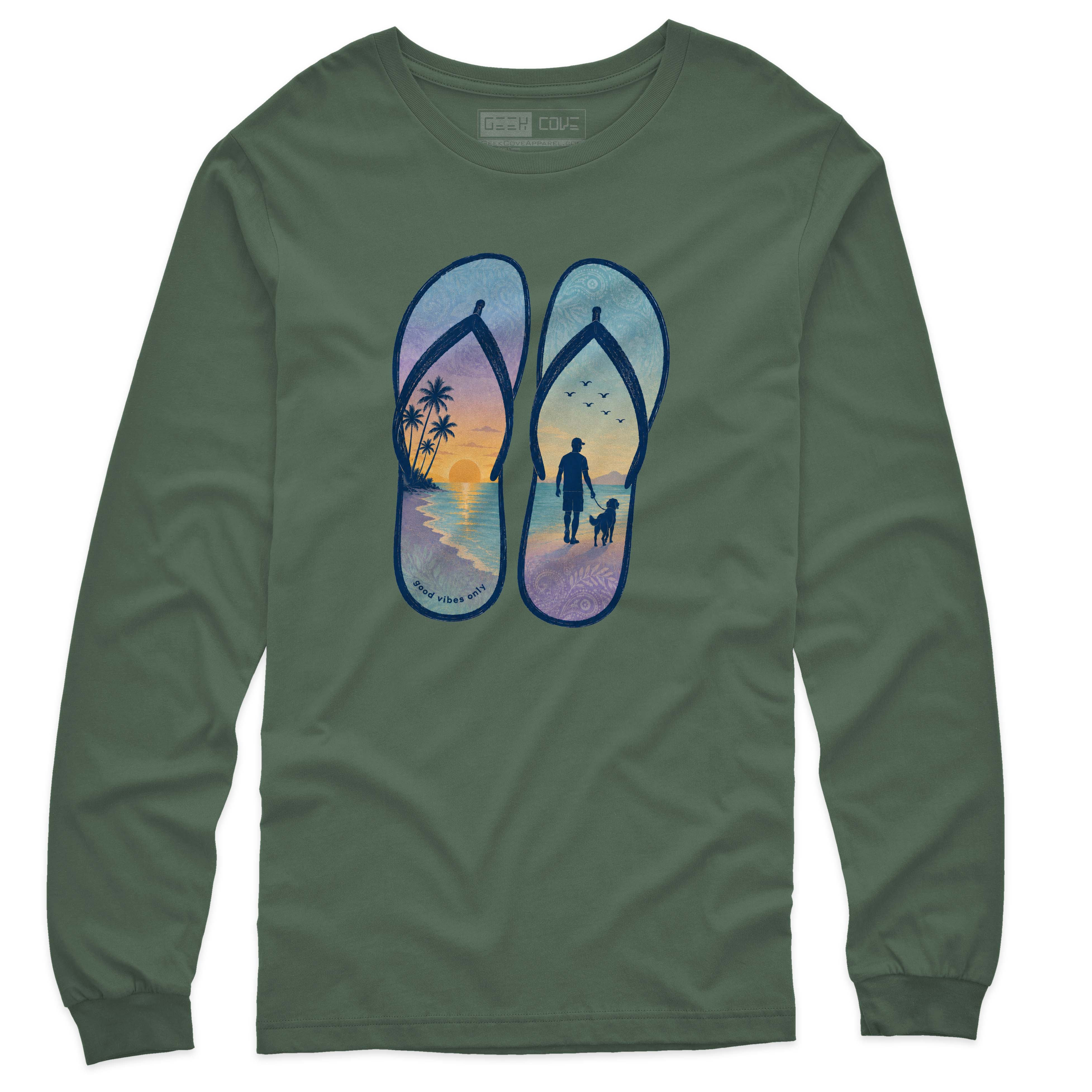 Men’s long sleeve T Shirt with flip flop artwork showing a beach sunset and dog walking silhouette