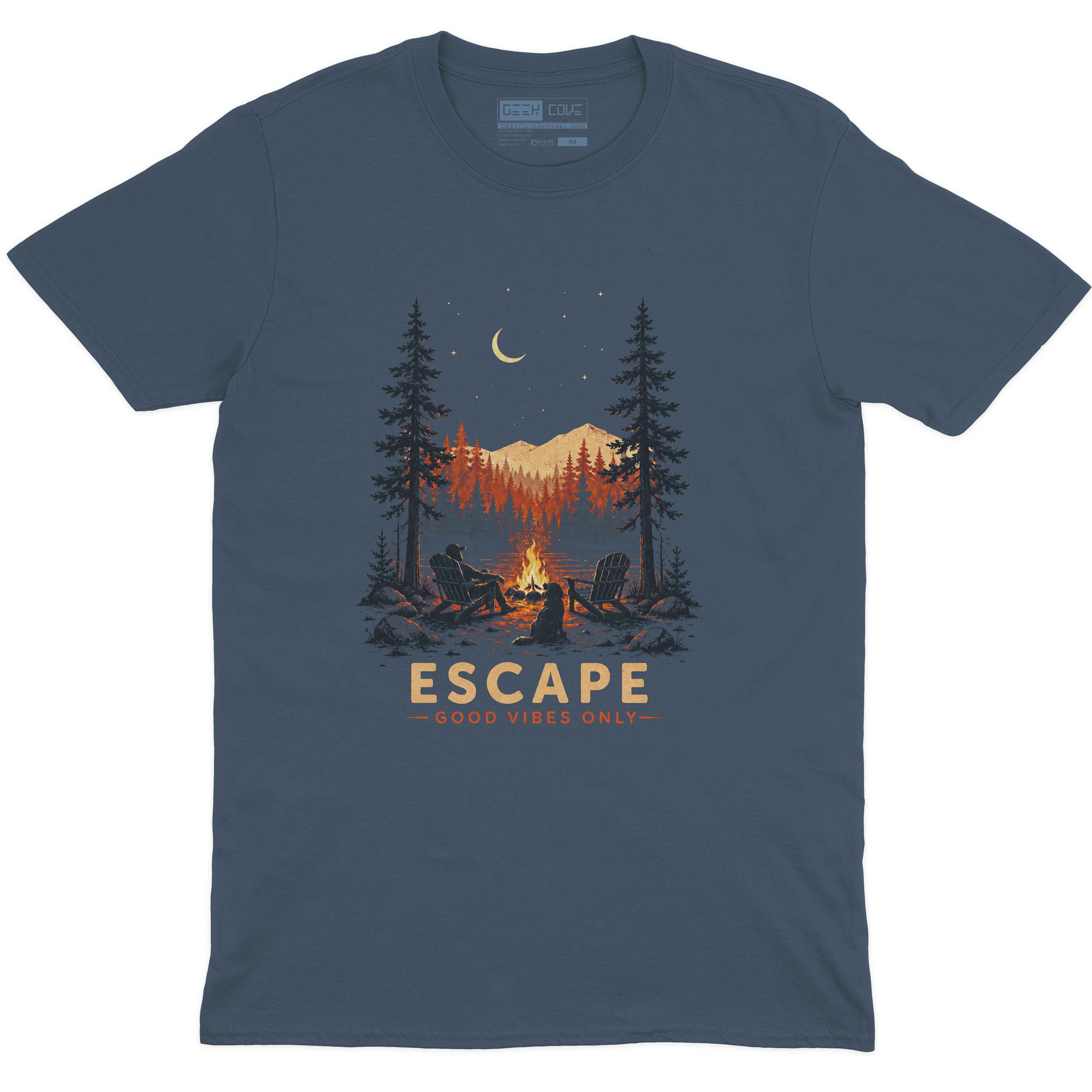 Men’s Escape T shirt with cozy campfire, chairs, dog silhouette, and mountain background
