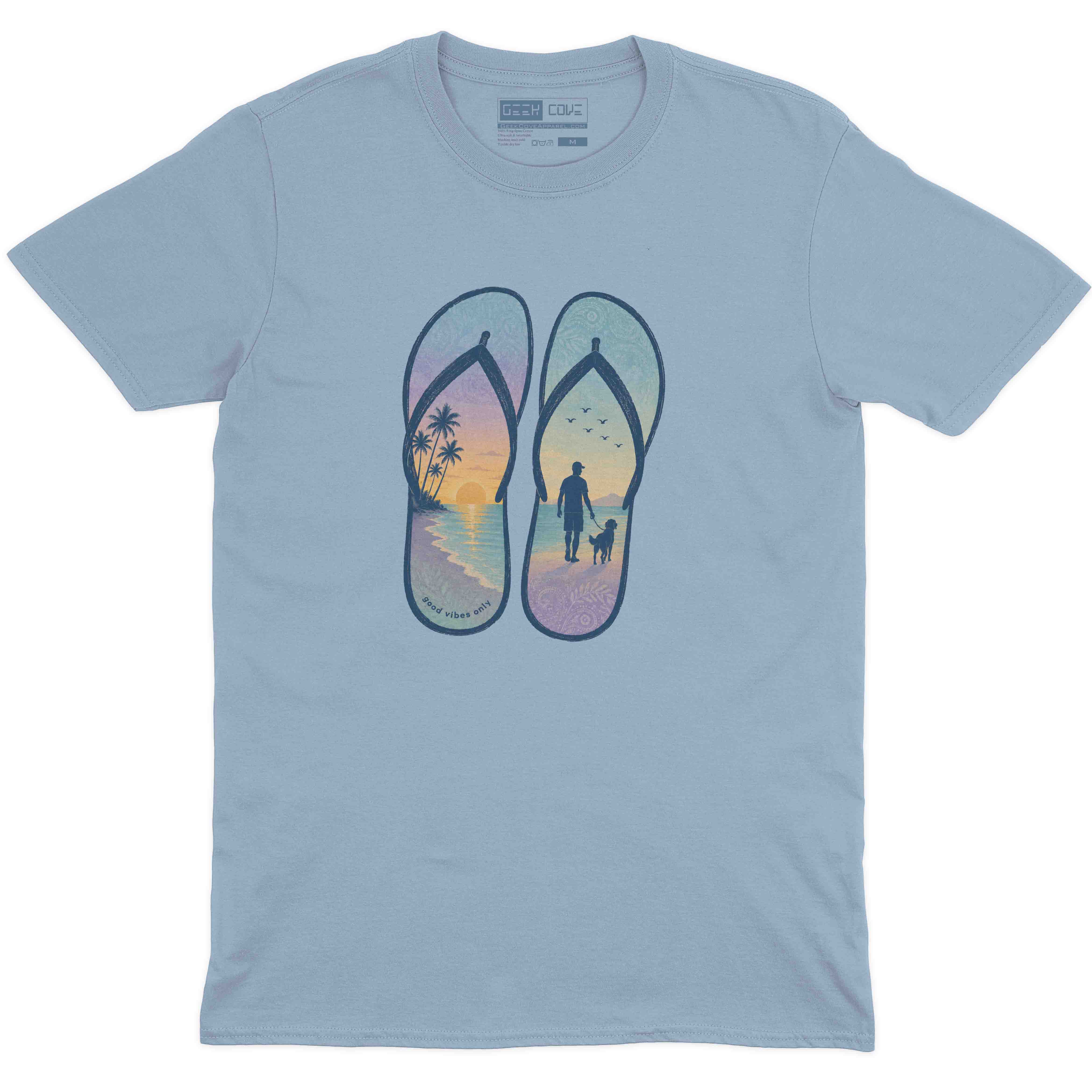 Men’s beach tee featuring oversized flip flops with ocean waves, palm trees, and good vibes text