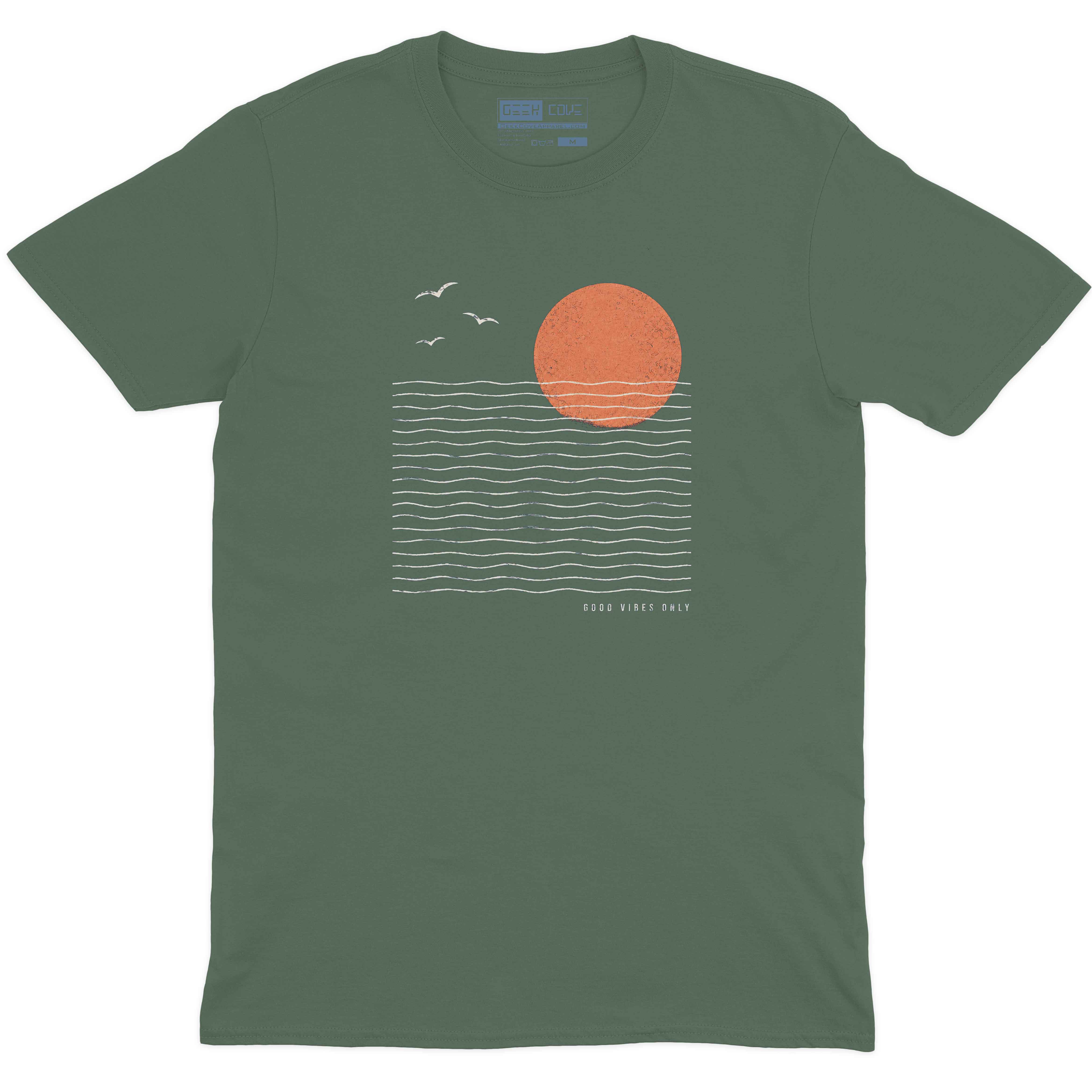 Men burgundy Good Vibes Only graphic tee with orange sunset, white ocean waves, and seagulls