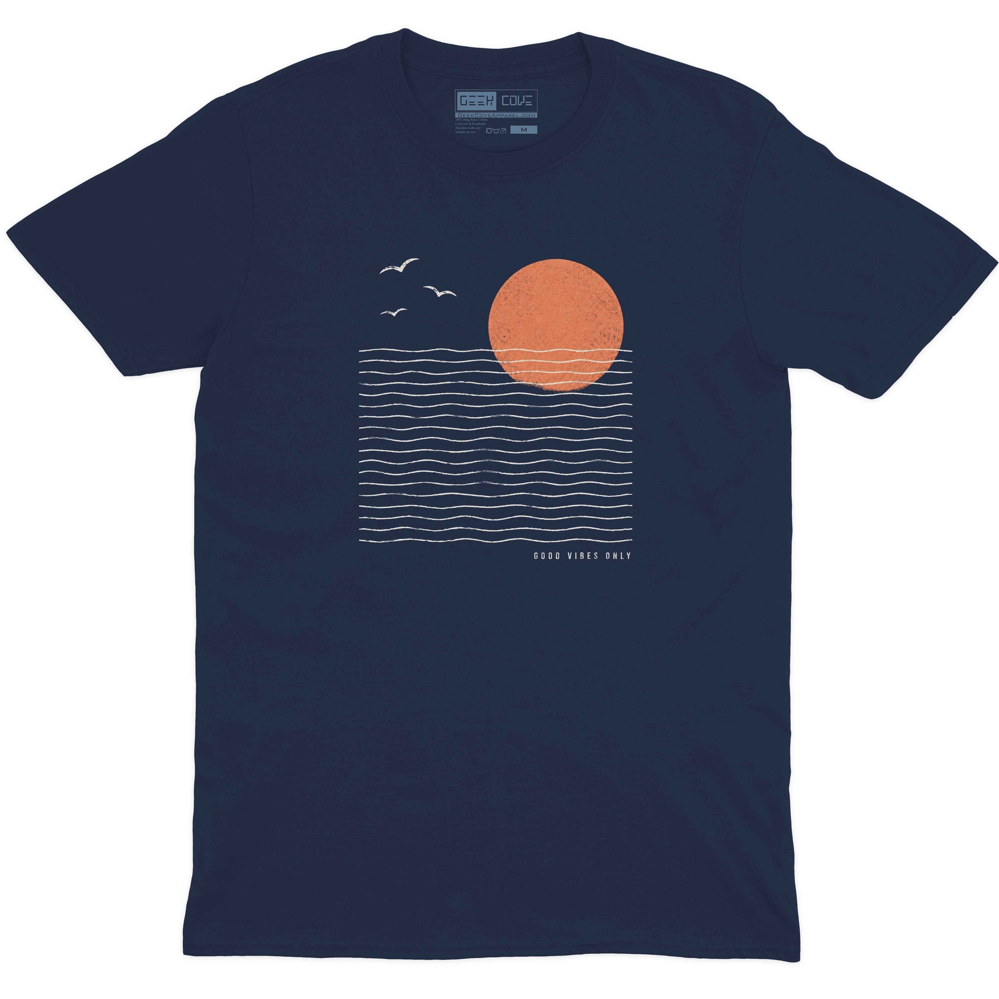 Men custom tee shirt with minimalist ocean sunset artwork and vintage coastal print design