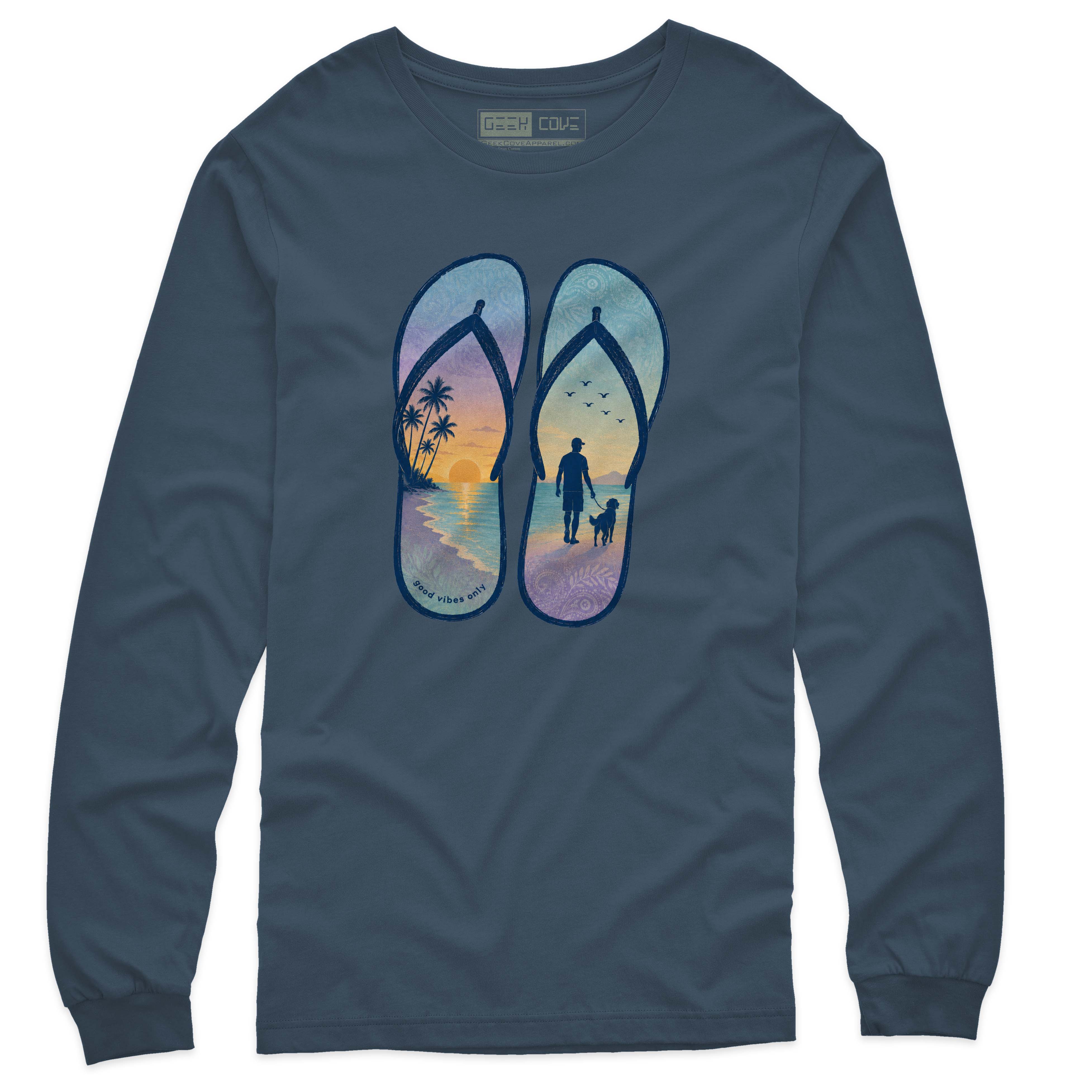 Men’s white long sleeve graphic tee featuring tropical flip flops with ocean waves and palm trees