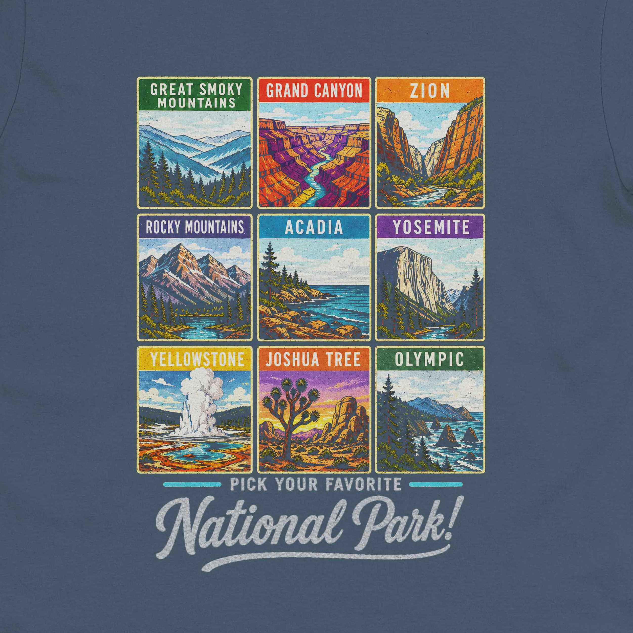 Retro outdoor graphic tee with colorful national parks illustration print