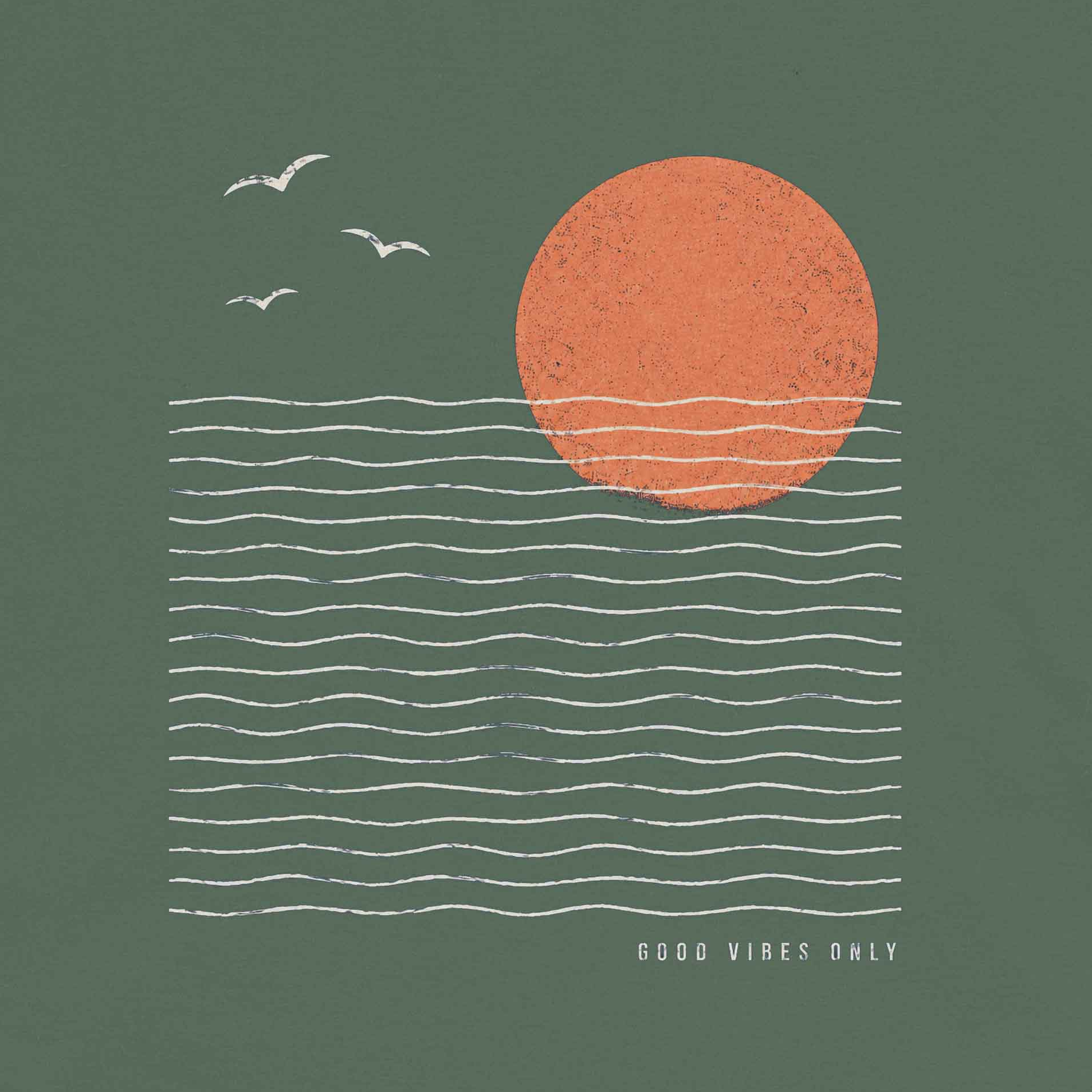 Men vintage beach graphic tee featuring orange sunset, minimalist waves, and relaxed coastal style
