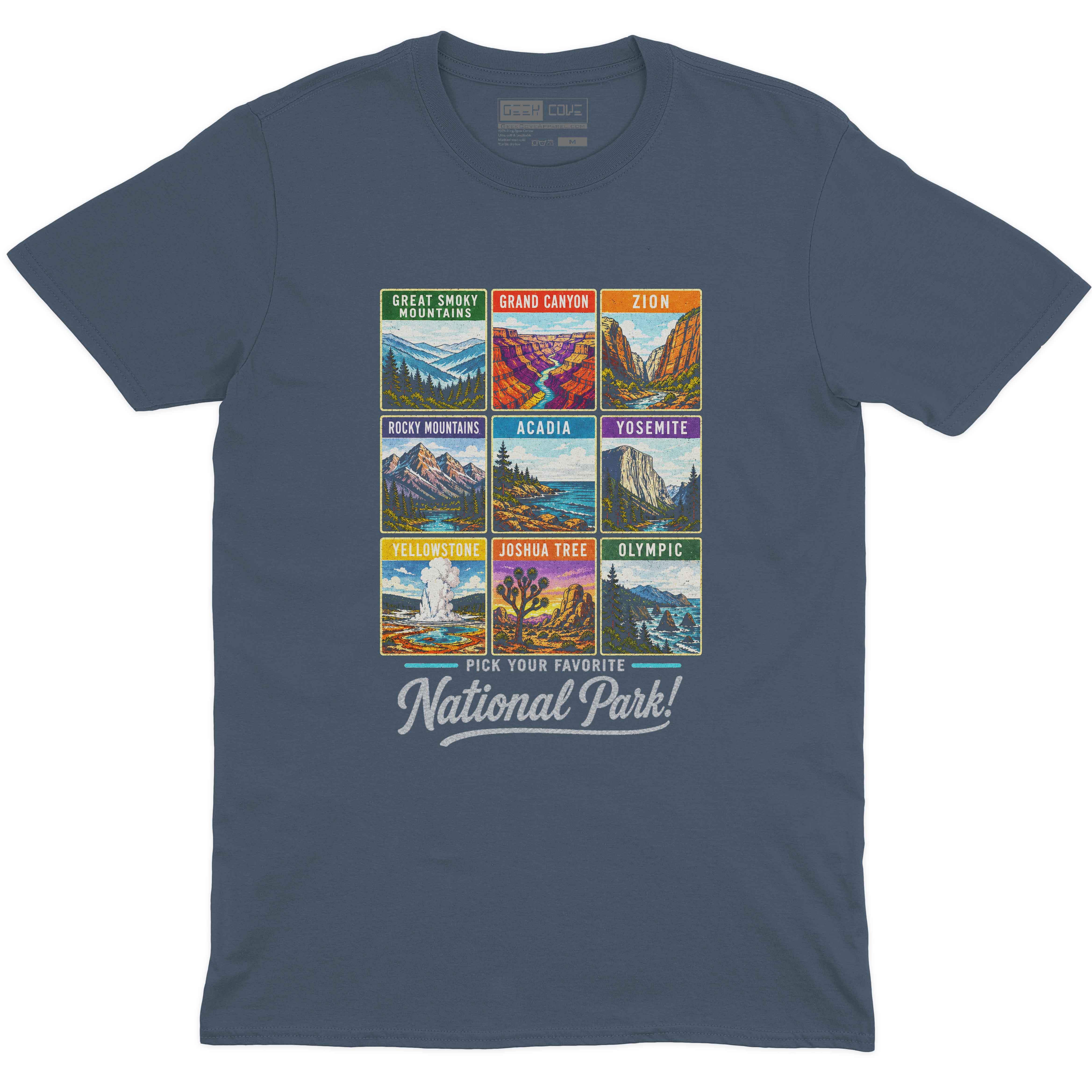 Men’s indigo T Shirt with vintage national parks graphic design on front