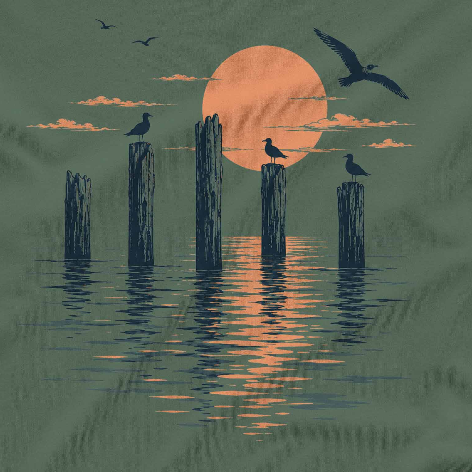Men’s vintage beach T Shirt with orange sun, flying seagull, and peaceful ocean scenery