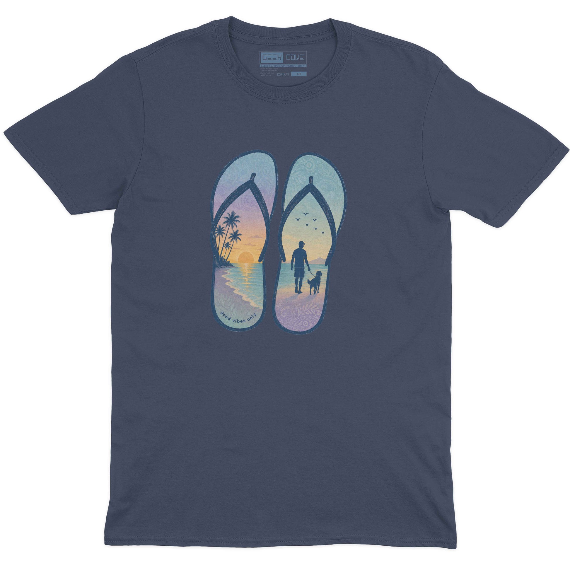 Men’s coastal graphic tee with flip flop outlines and relaxing beach vacation artwork