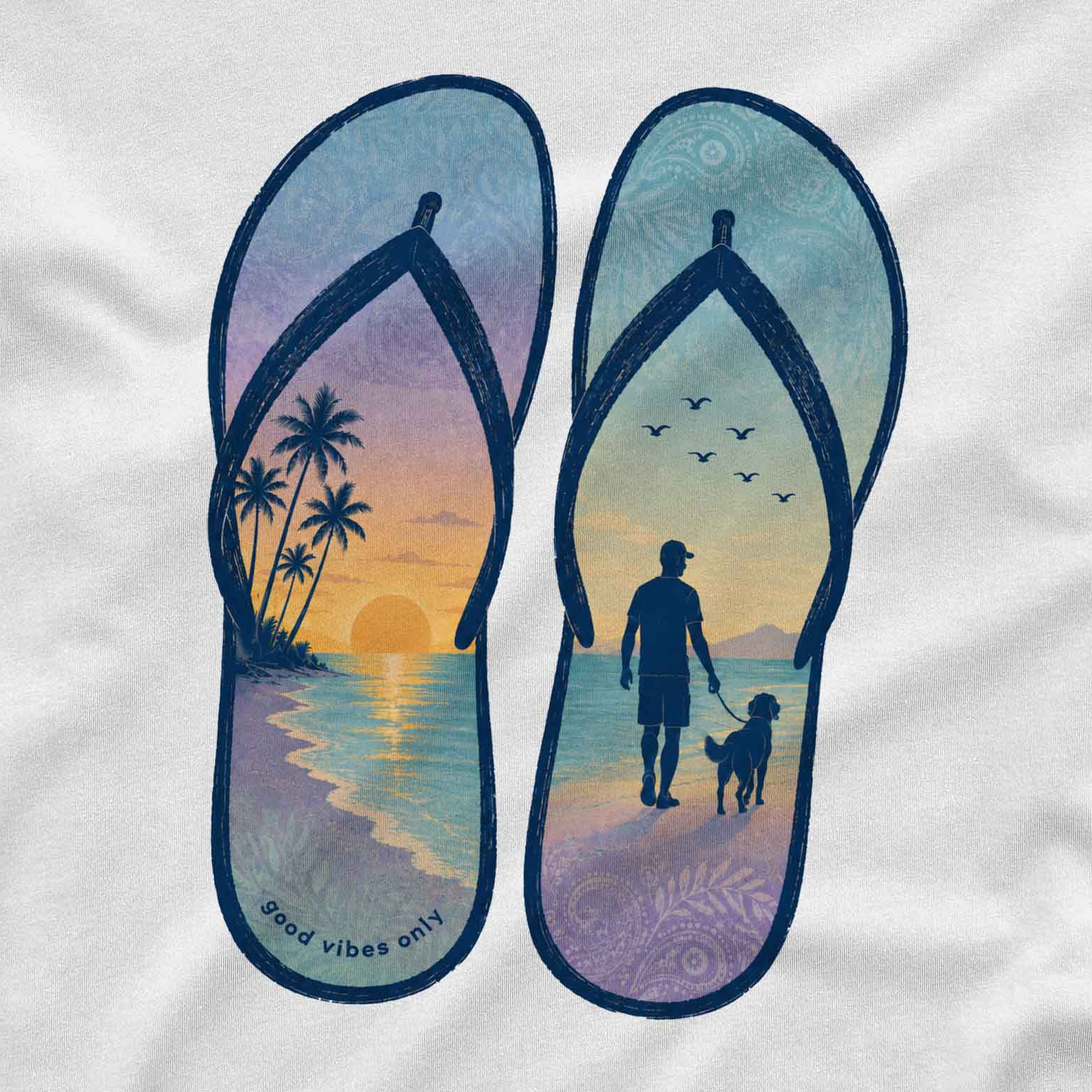 Men’s long sleeve beach shirt with good vibes only text and relaxing tropical artwork
